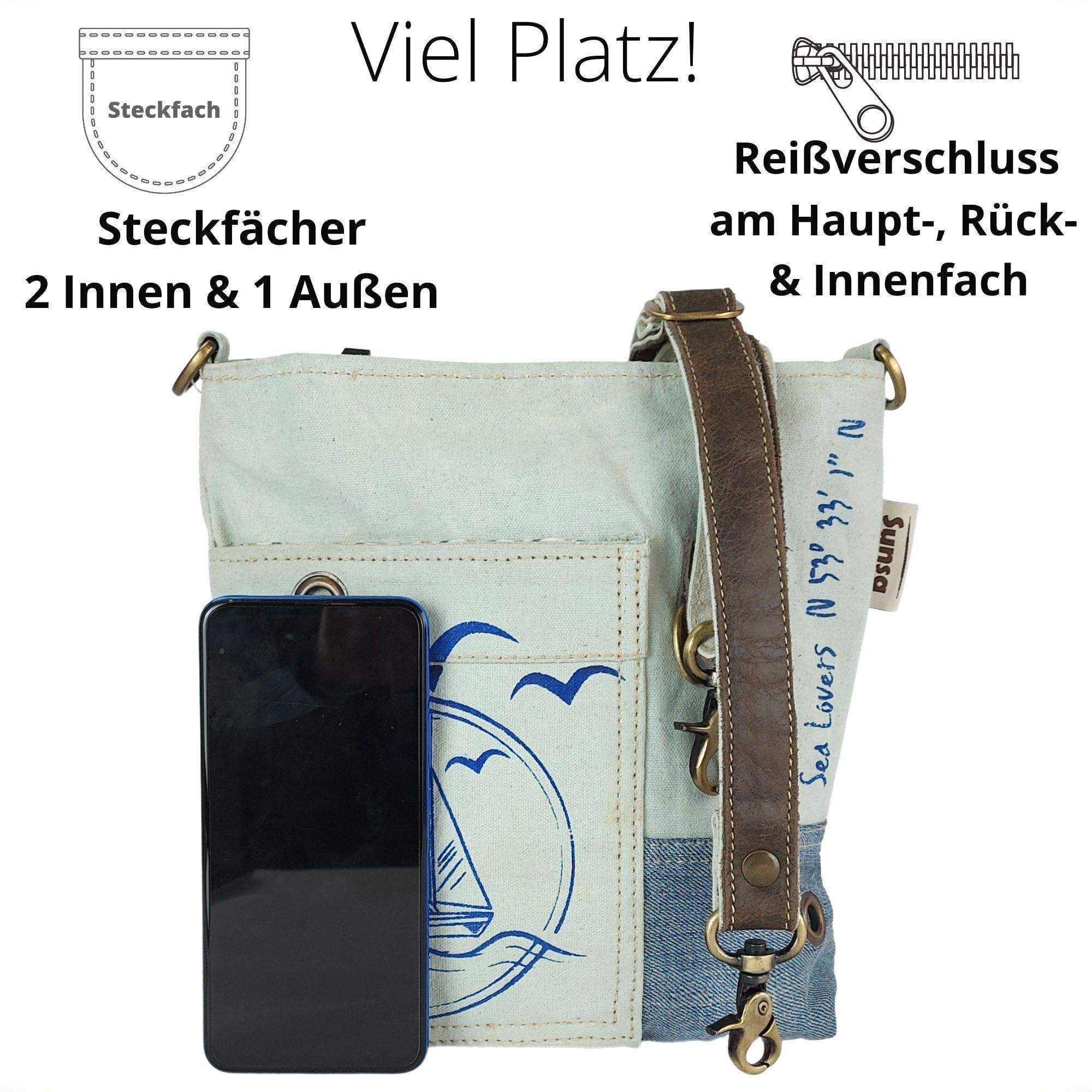 Canvas, Leder. Crossbody Nachhaltige Material Tasche & Umhängetasche. Sunsa für Jeans Schultertasche. Geschenkideen Maritim Damen Recycelte Vintage aus recyceltes Seeliebhaber 52629, Umhängetasche enthält