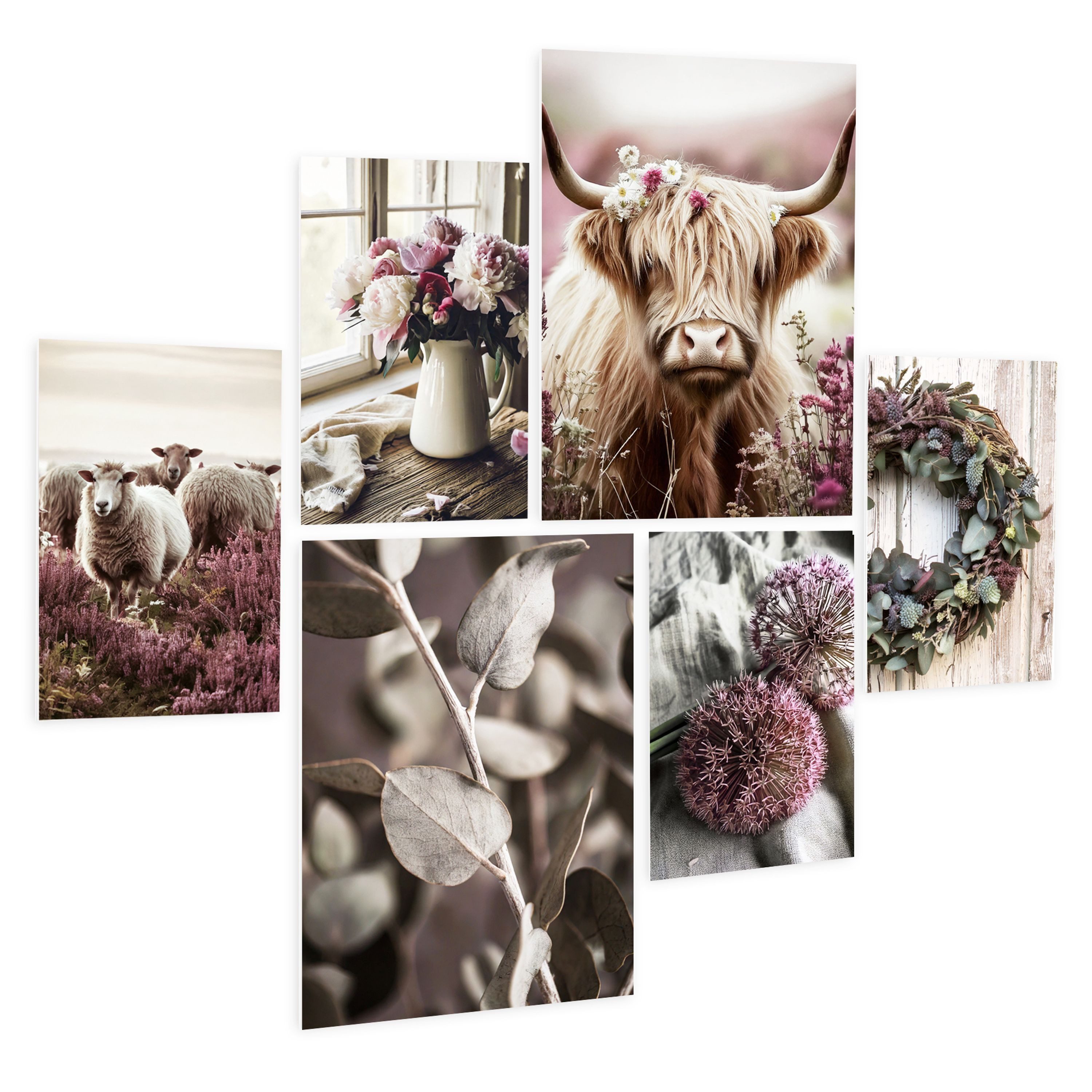 artissimo Mehrteilige Bilder Bilderset 6er-Set, Wandbilder-Set Natur, Bilderwand boho Blumen beige, Vintage Landhaus: Blumen und Blüten