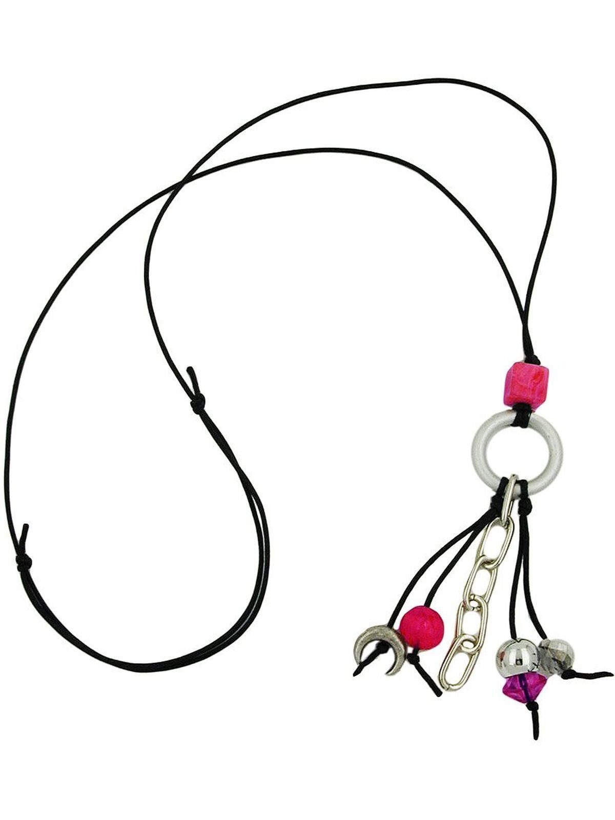 Gallay Perlenkette Ring Aluminium hellgrau Perlen silberfarben pink rosa Kordel schwarz 80cm