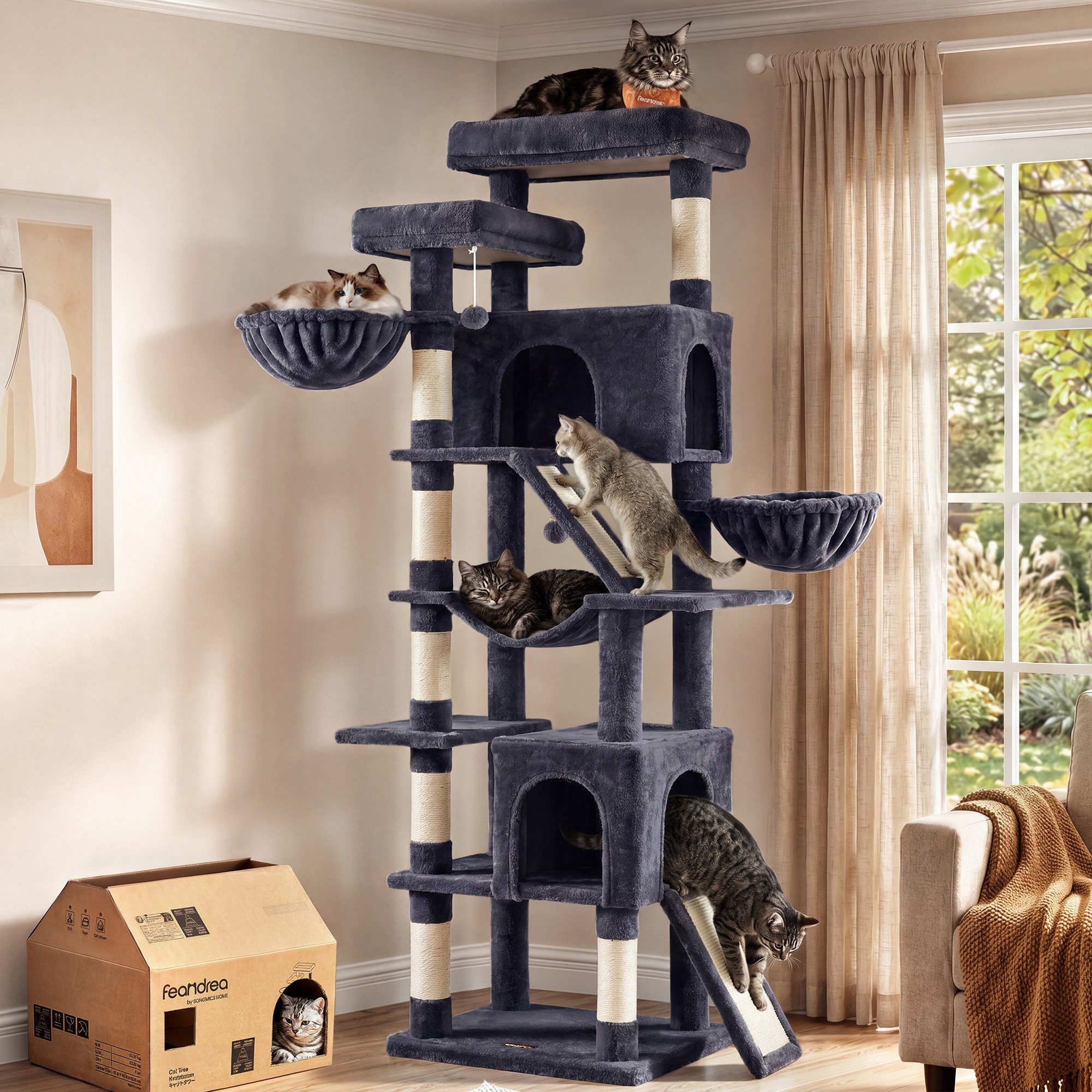 FEANDREA Kratzbaum Großer Katzenbaum mit Sisalstämmen, Mehrstöckiger Kletterbaum, mit Kratzbrett, Katzenturm für Mehrere Katzen, 55 x 45 x 205 cm