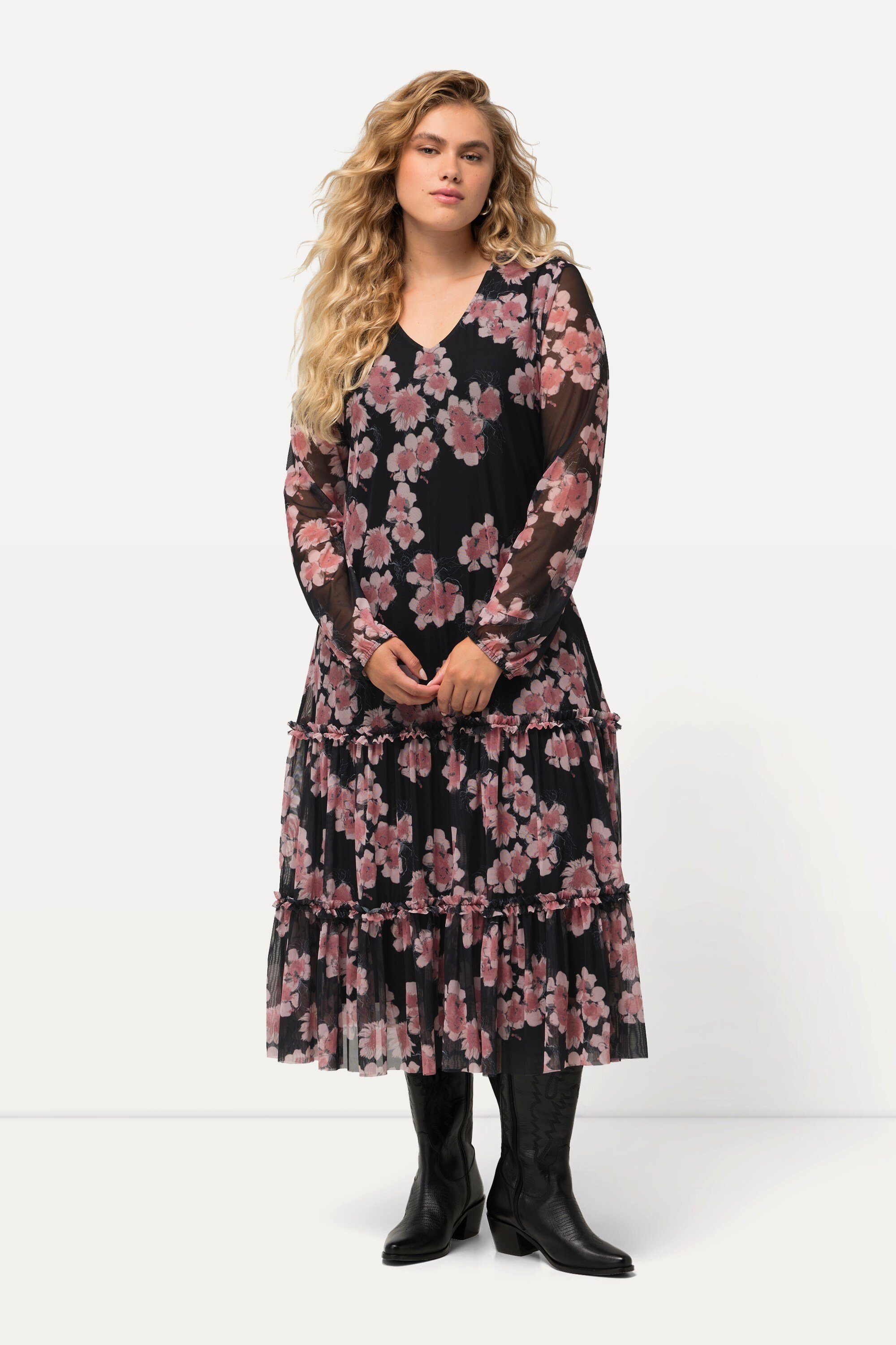 Jerseykleid Midikleid doppellagig Blumen V-Ausschnitt Langarm