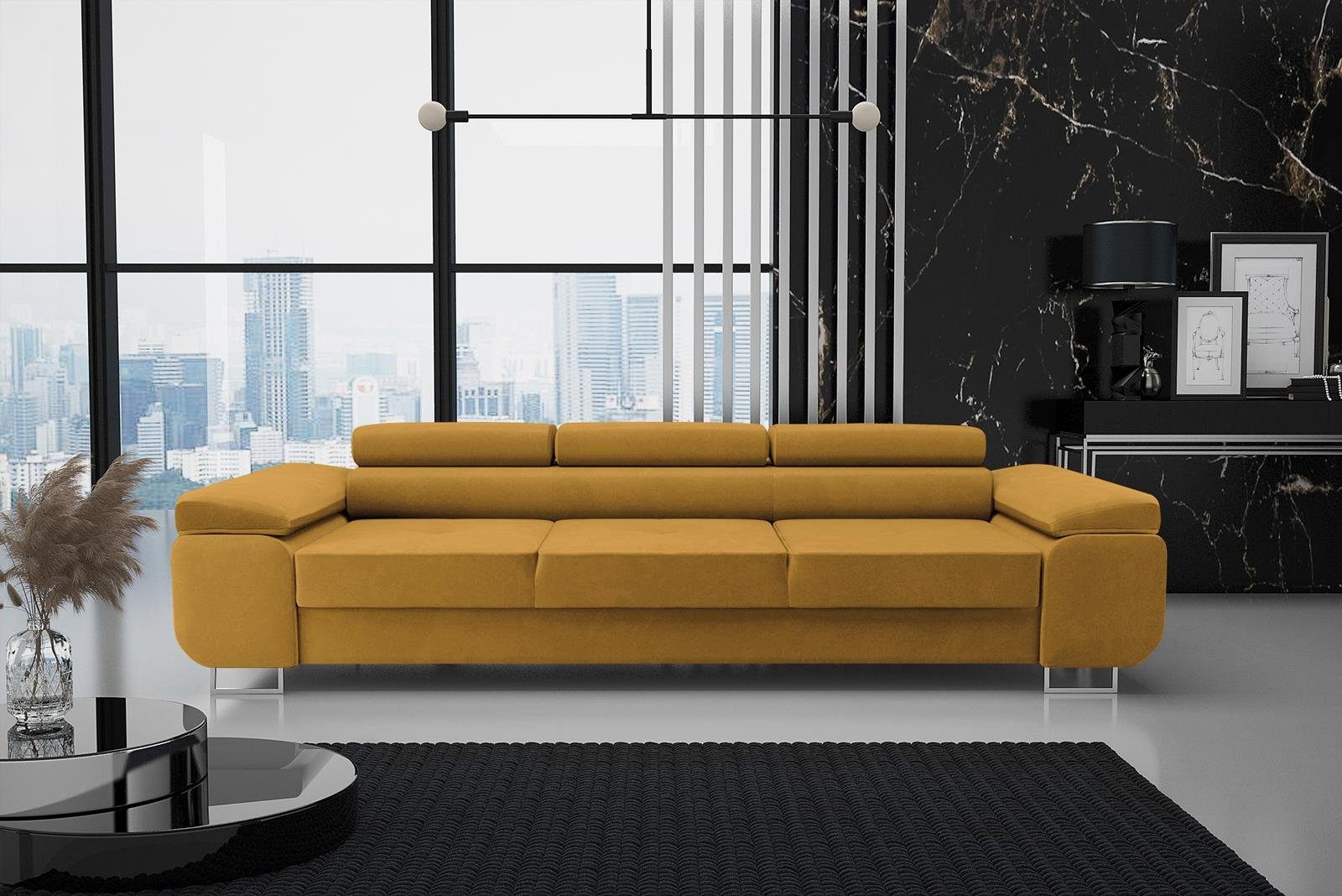 Stil, (monolith Schlaffunktion Couch senfgelb Schlafsofa Kopfstütze, Verstellbare 48) mit Beautysofa Dreisitzer modernen Schlafsofa