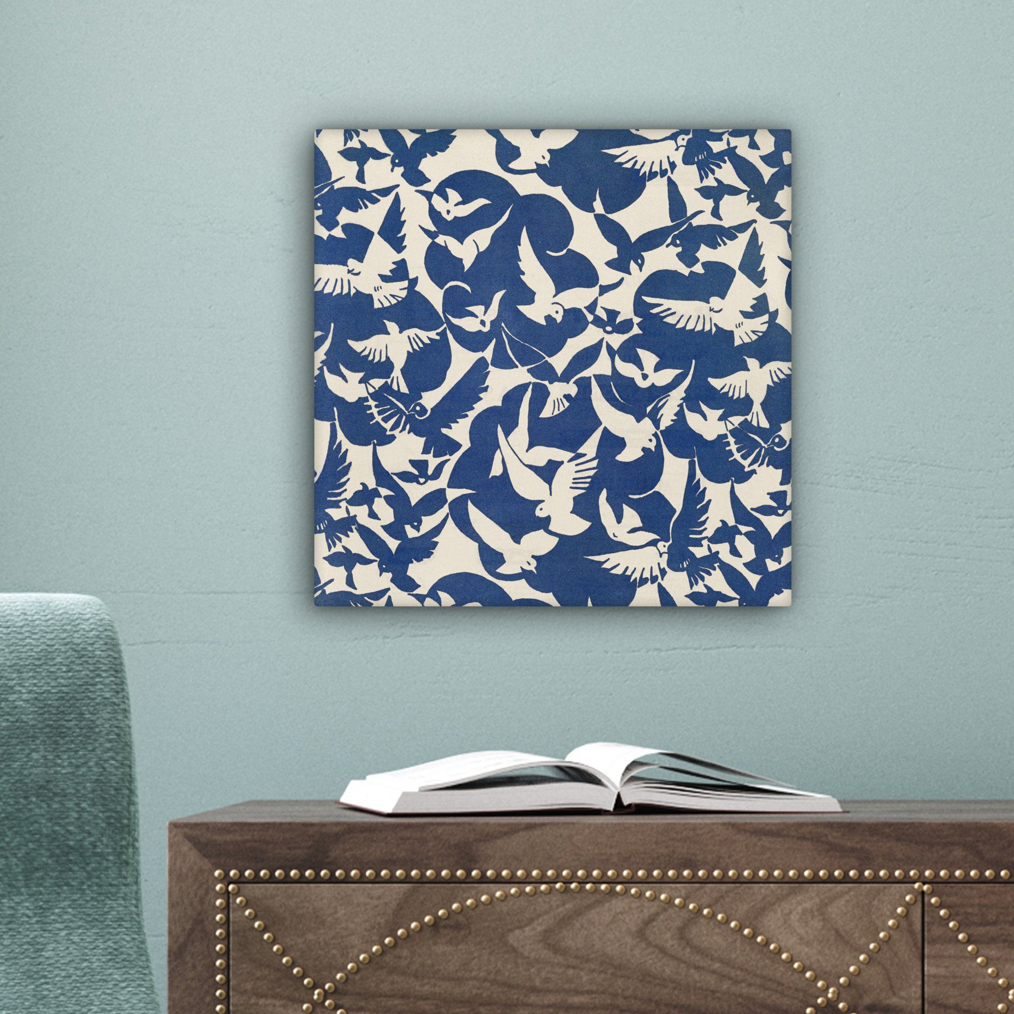 OneMillionCanvasses® Gemälde Vögel - Weiß, Blau Leinwand Muster Wohnzimmer 20x20 Schlafzimmer, - Bilder (1 cm für St), 