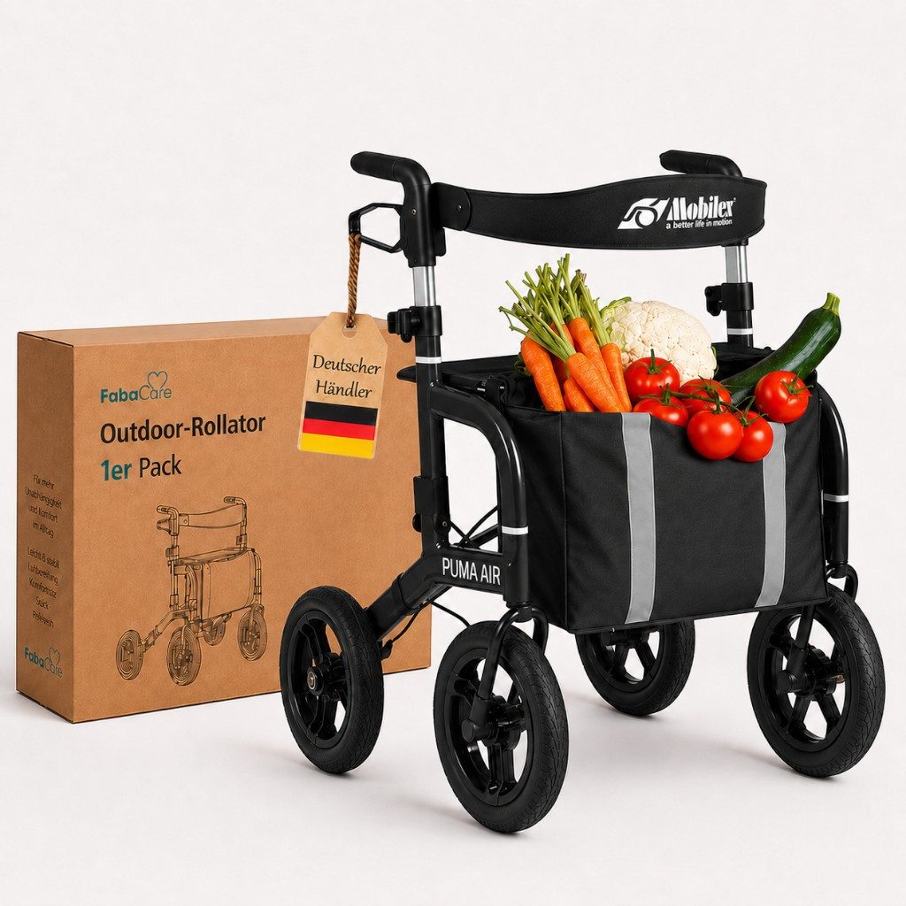 FabaCare Rollator Outdoor Puma Air Gehwagen, Gehhilfe für Senioren mit Luftbereifung