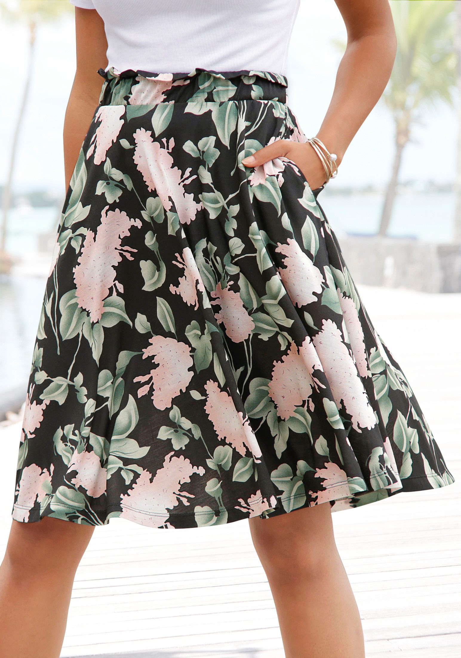 Buffalo Sommerrock mit Paperbag-Bund im Blumenprint, Midirock, mittellang