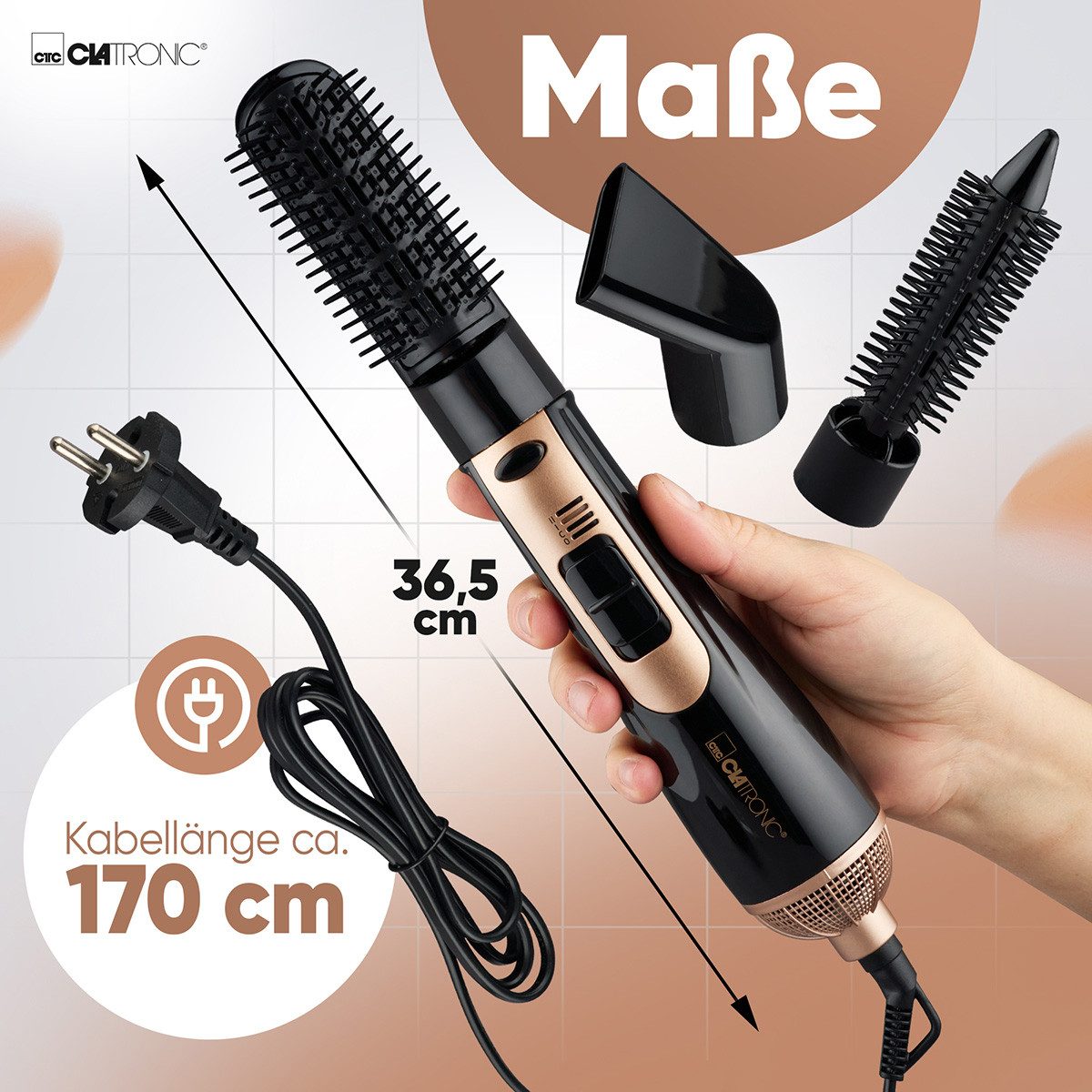 CLATRONIC Lockenstab HAS 3818, Warmluftbürste 3 Aufsätze