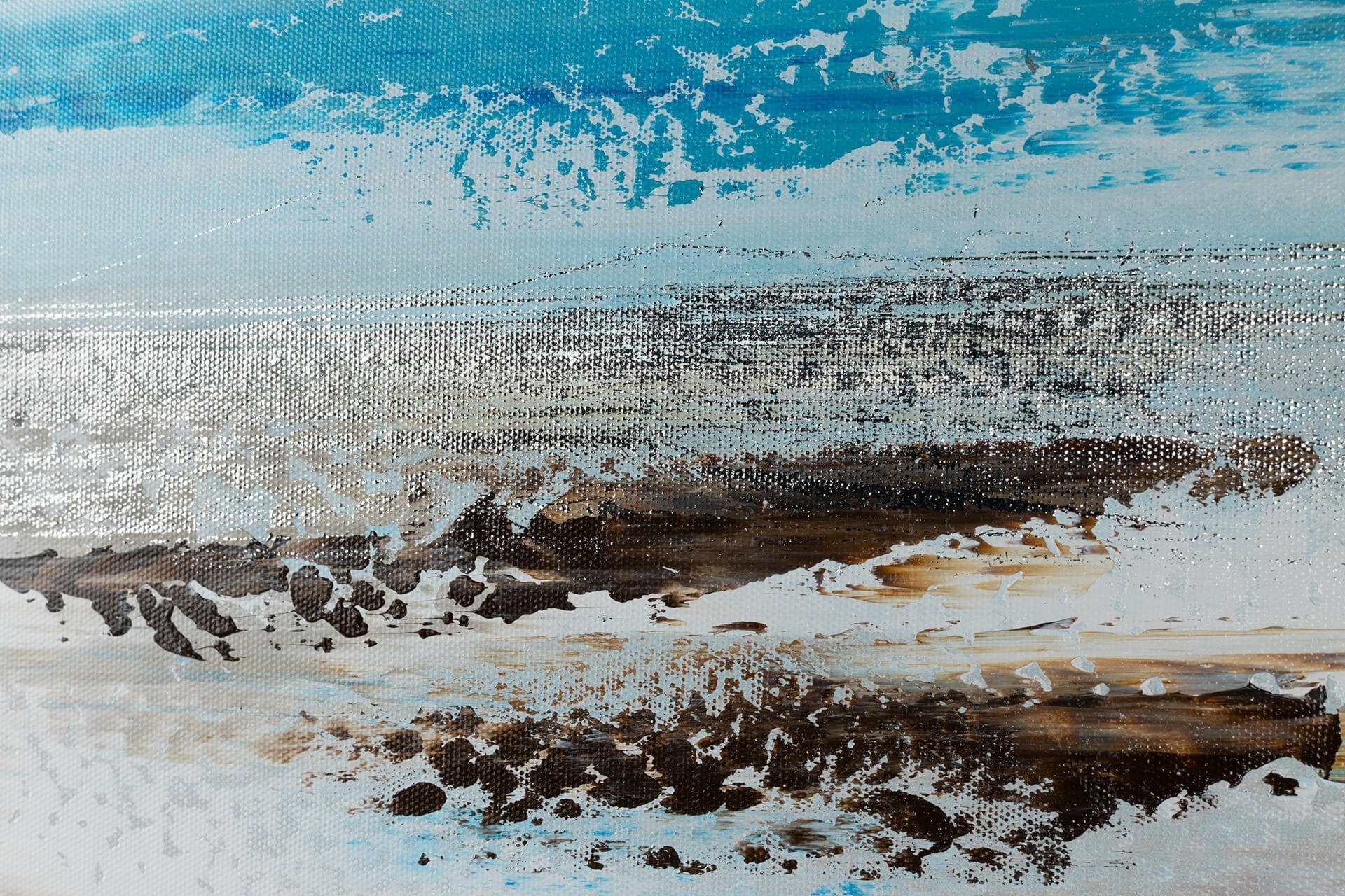 KUNSTLOFT Gemälde Meeresbrandung im Morgendunst cm, blau, Wandbild 140x70 HANDGEMALT Leinwandbild Wohnzimmer 100% grau