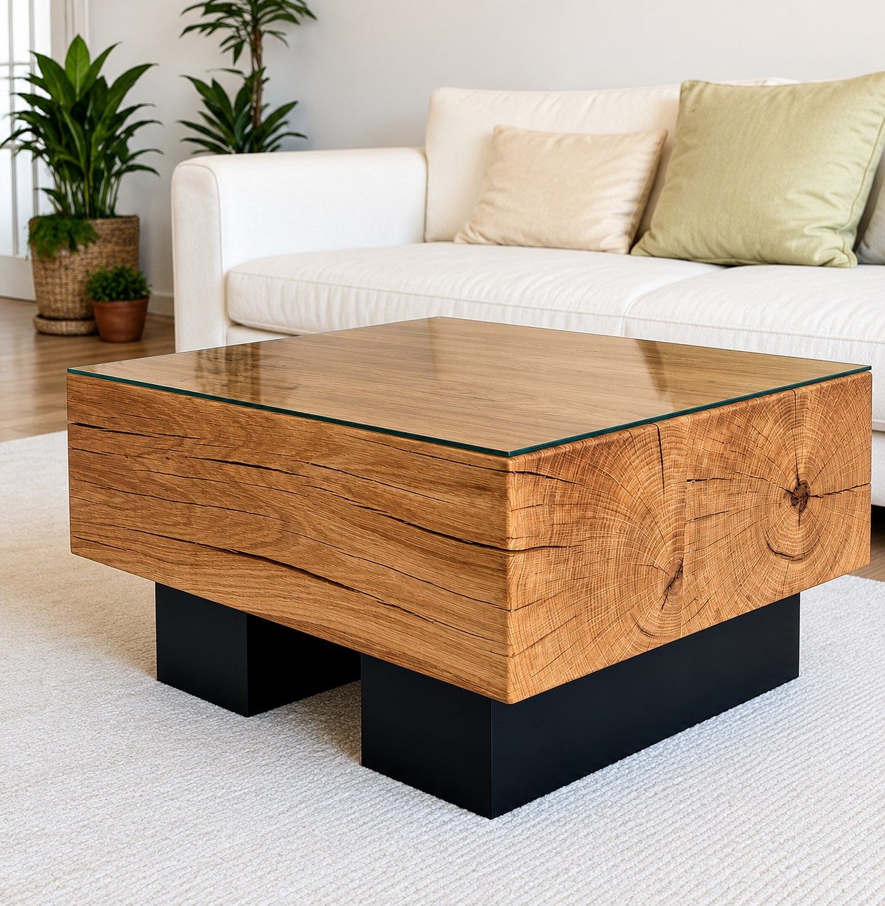 LosBudos Couchtisch Eiche Massivholz mit Glasplatte oder Rustikal, Tischgestell aus Metall Schwarz