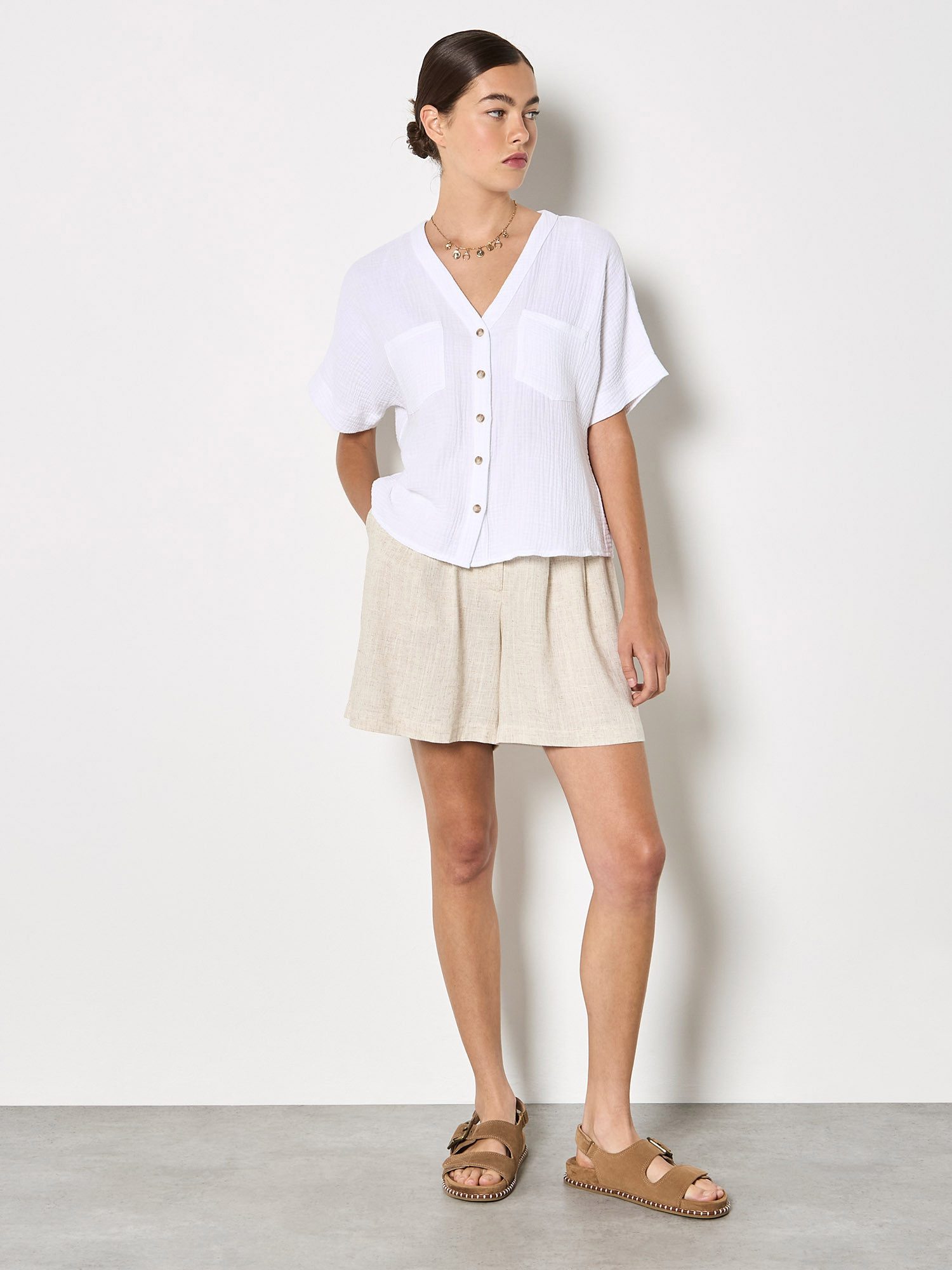 Apricot Blusentop Strukturierte Bluse mit V-Ausschnitt Einfarbig