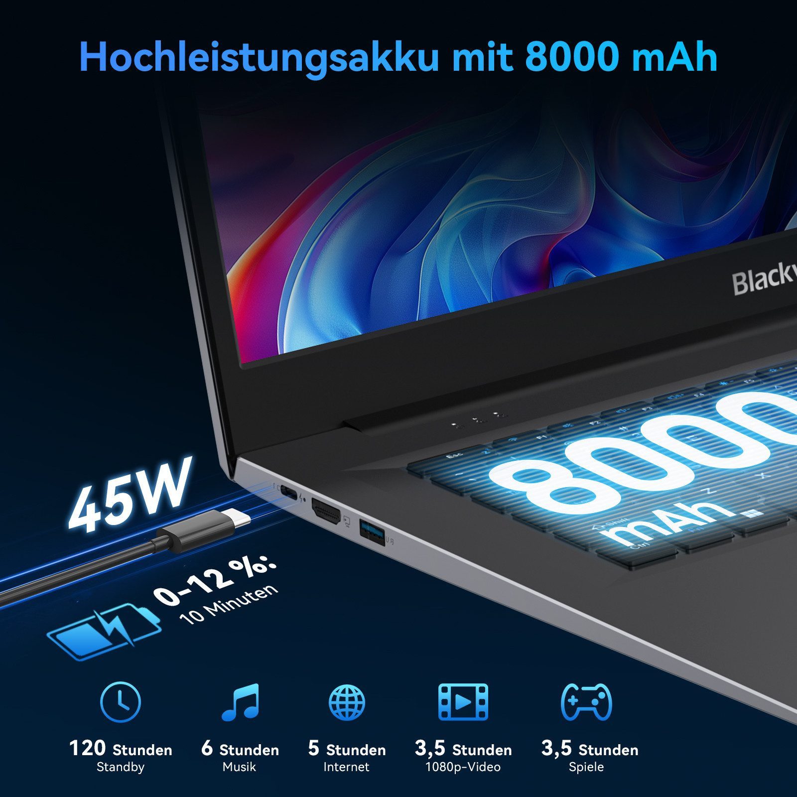 blackview 18.5" FHD IPS Acebook10 Intel 16GB+512GB Windows 11 Pro Notebook (Intel N6000 Intel Core N6000, 16 GB, 512 GB SSD, Windows 11 Pro, FHD+ IPS, Silikon-T – Bild 4 von 5