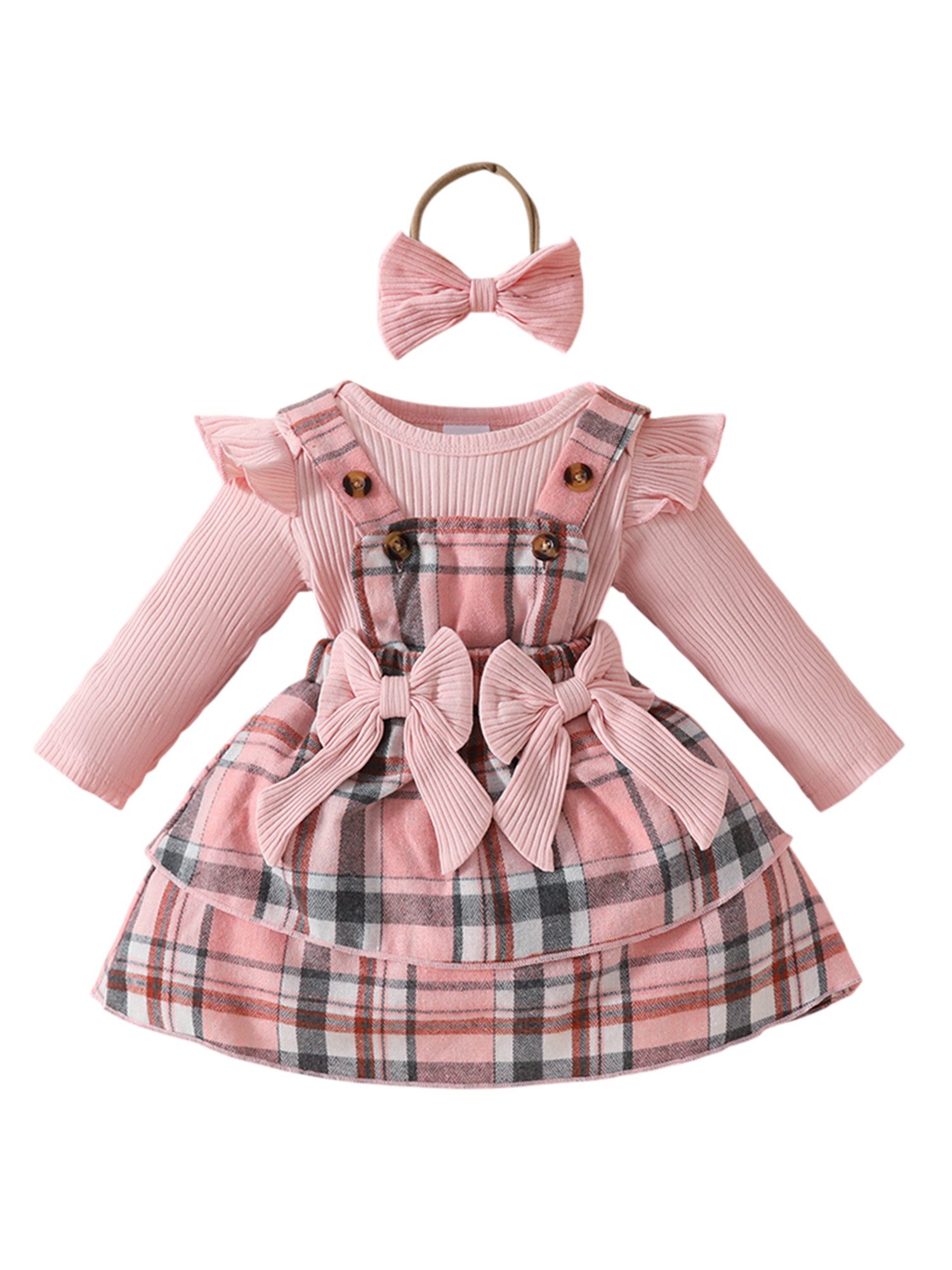 Lapastyle Shirt, Rock & Haarband Langarmbody, Trägerkleid und Stirnband für Neugeborene mit karierte (Set, 3-tlg) Baby Mädchen Süßes Outfit mit Schleife&Rüschen für Party, Geburtstage