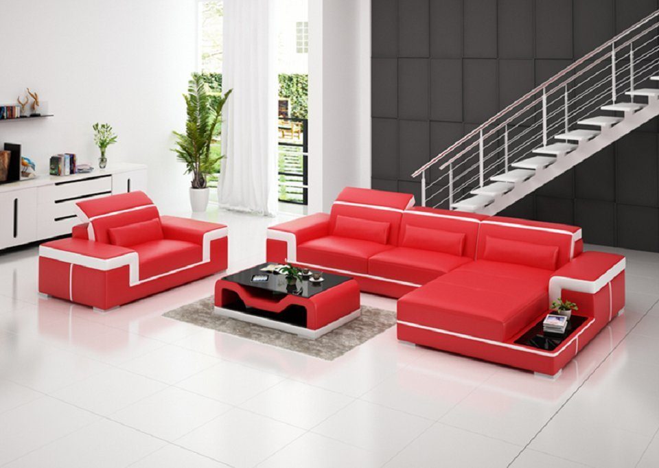JVmoebel Ecksofa Ecksofa Set Orange Sessel Leder Form Couch Rot/Weiß Polster L Wohnlandschaft