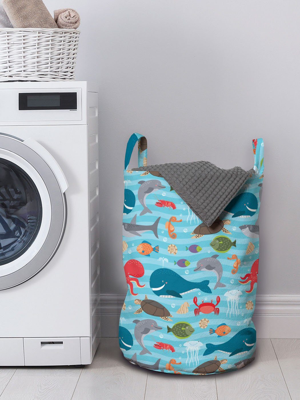Abakuhaus Wäschesäckchen Wäschekorb mit Doodle Nautisch für Kordelzugverschluss Waschsalons, Griffen Nursery Theme
