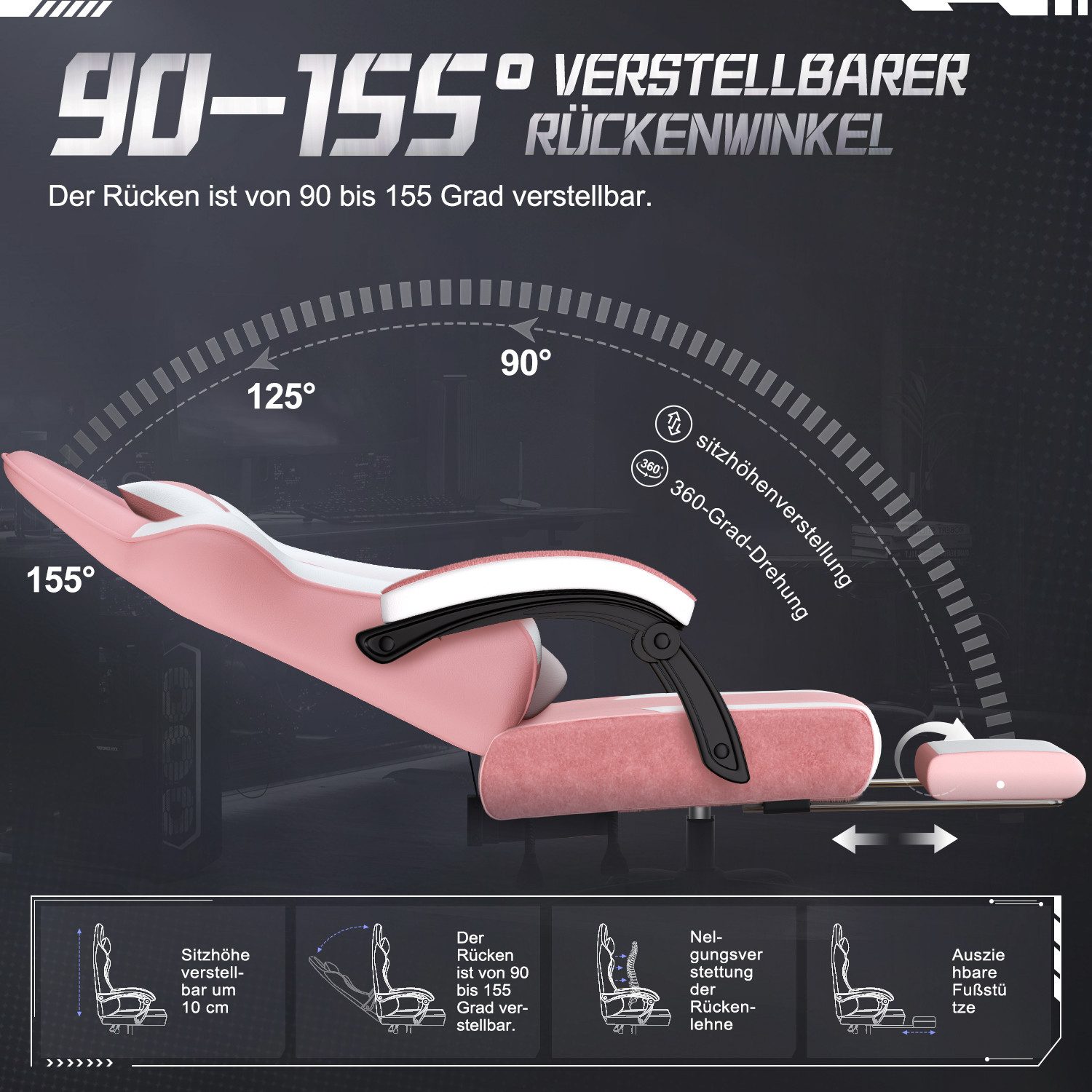 Adormii Gaming-Stuhl Gaming Stuhl ergonomisch Gaming Chair Bürostuhl verstellbare (Gaming Stuhl mit verstellbaren Lendenkissen, Armlehne und Kopfstütze, Gamer Stuhl Bequeme Sitzkissen), gepolsterter Gaming-Stuhl, bis 150 kg Belastbarkeit