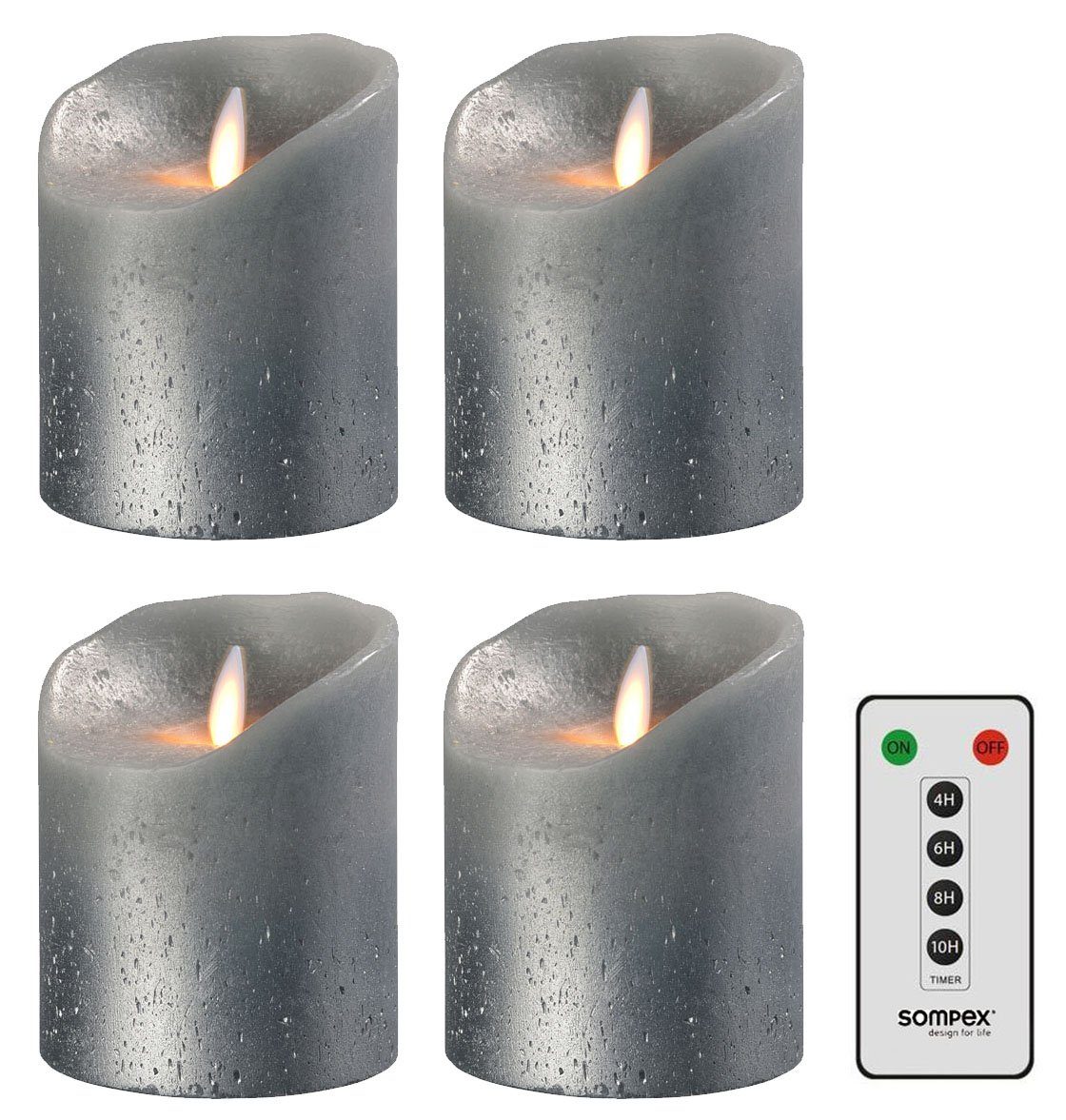 SOMPEX LED-Kerze 4er Set Flame LED Kerzen grau metallic 10cm (Set, 5-tlg.,  4 Kerzen, Höhe 10cm, Durchmesser 8cm, 1 Fernbedienung), fernbedienbar,  integrierter Timer, Echtwachs, täuschend echtes Kerzenlicht, optimales Set  für den Adventskranz