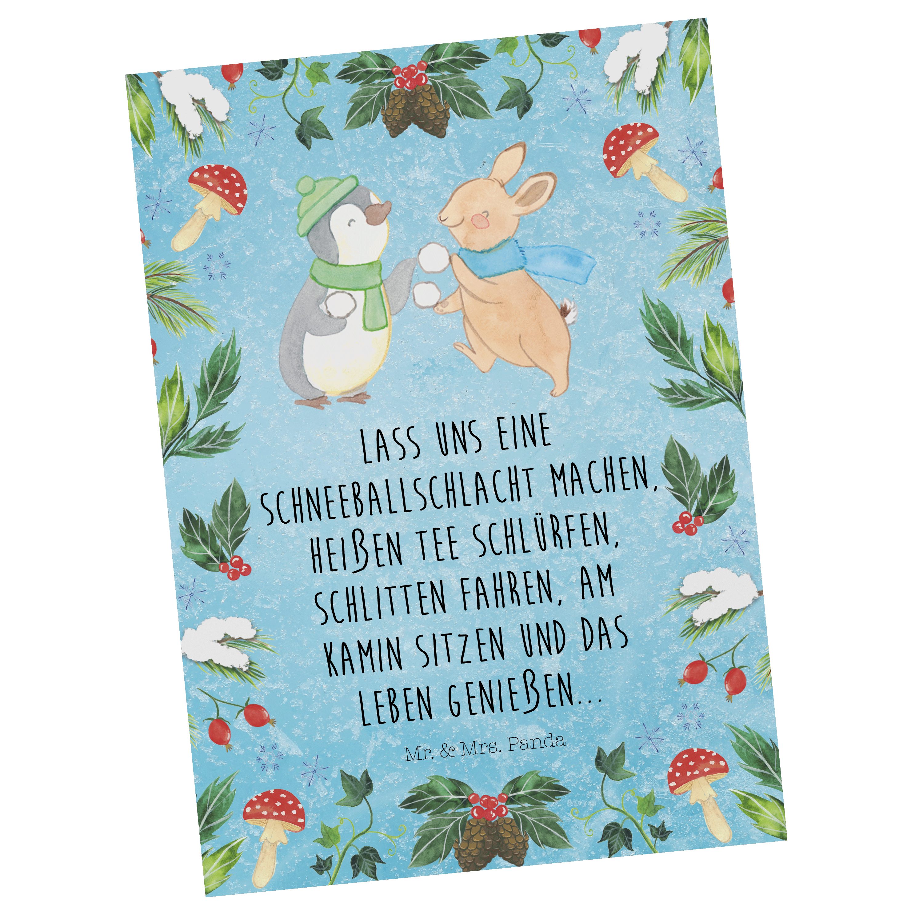 Mr. & Mrs. Panda Hase - Pinguin Postkarte Eisblau Geschenk, Schneeballschlacht Geschenkkarte 