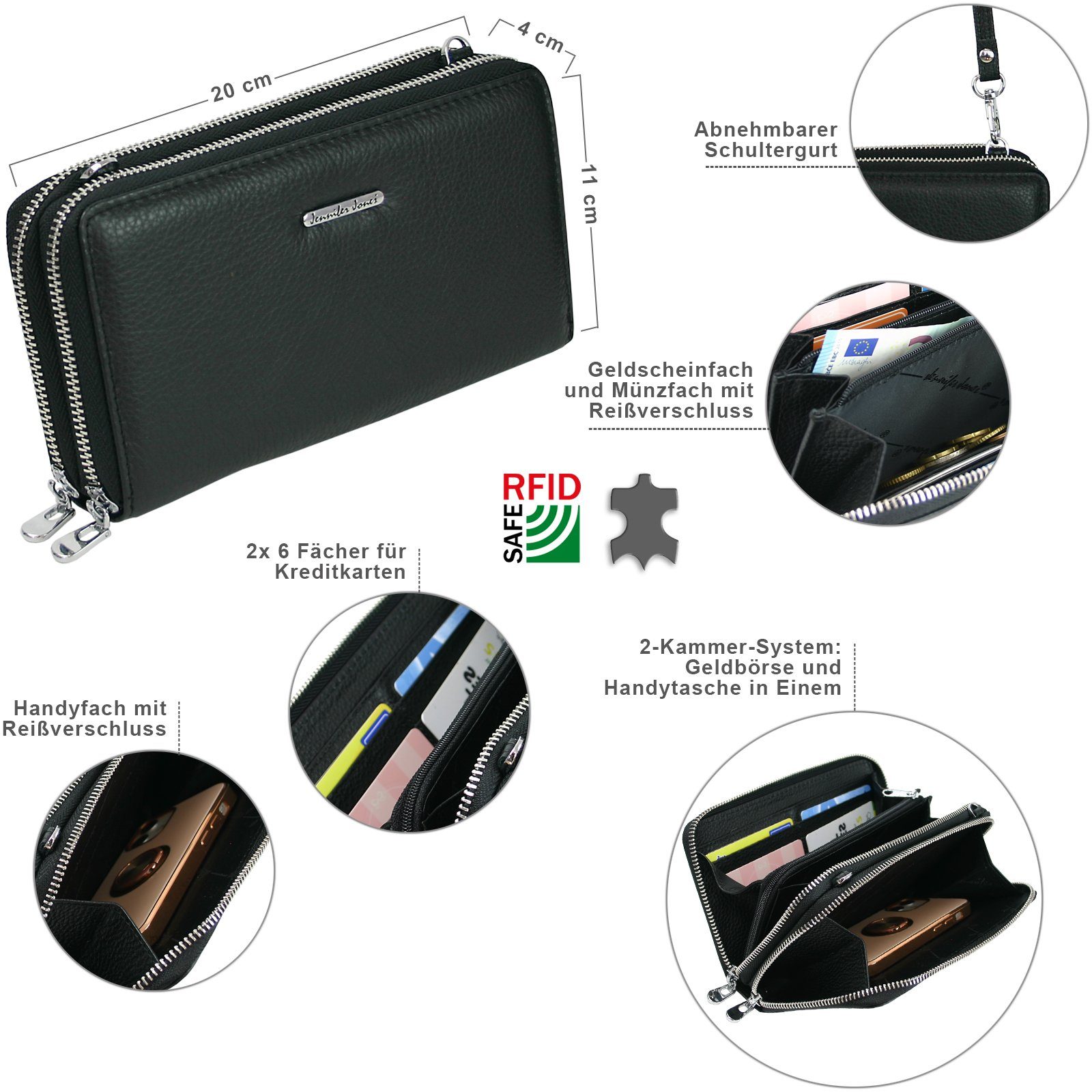 J JONES JENNIFER JONES Handytasche 2in1 - Damen Handtasche als Geldbörse mit Handyfach, Leder, abnehmbarer Schultergurt