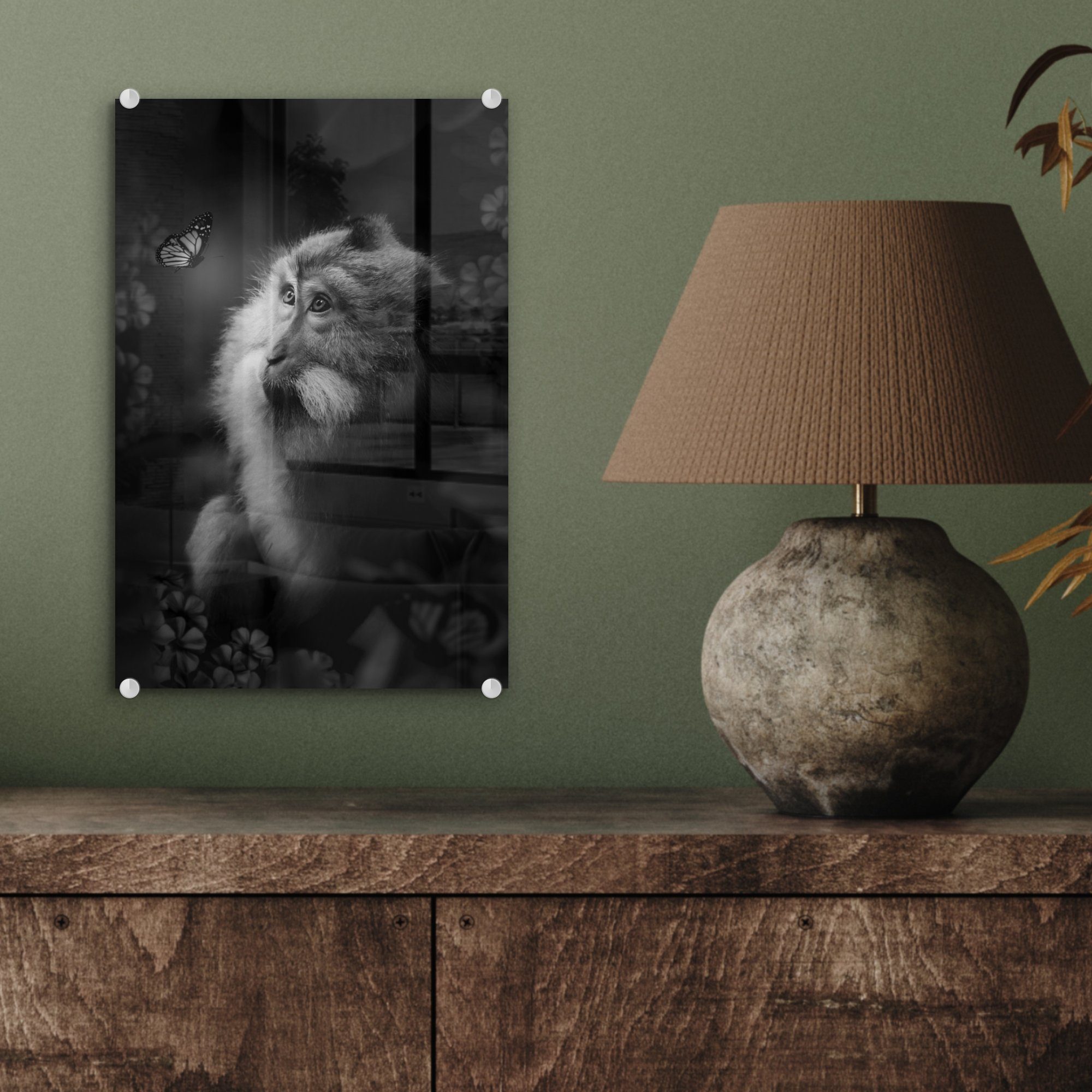 Affen (1 Schmetterlings Dschungel Bilder im Glas eines Foto auf - Glas - MuchoWow Wandbild St), schwarz, eines Porträt Glasbilder bunt - und auf - Wanddekoration Acrylglasbild