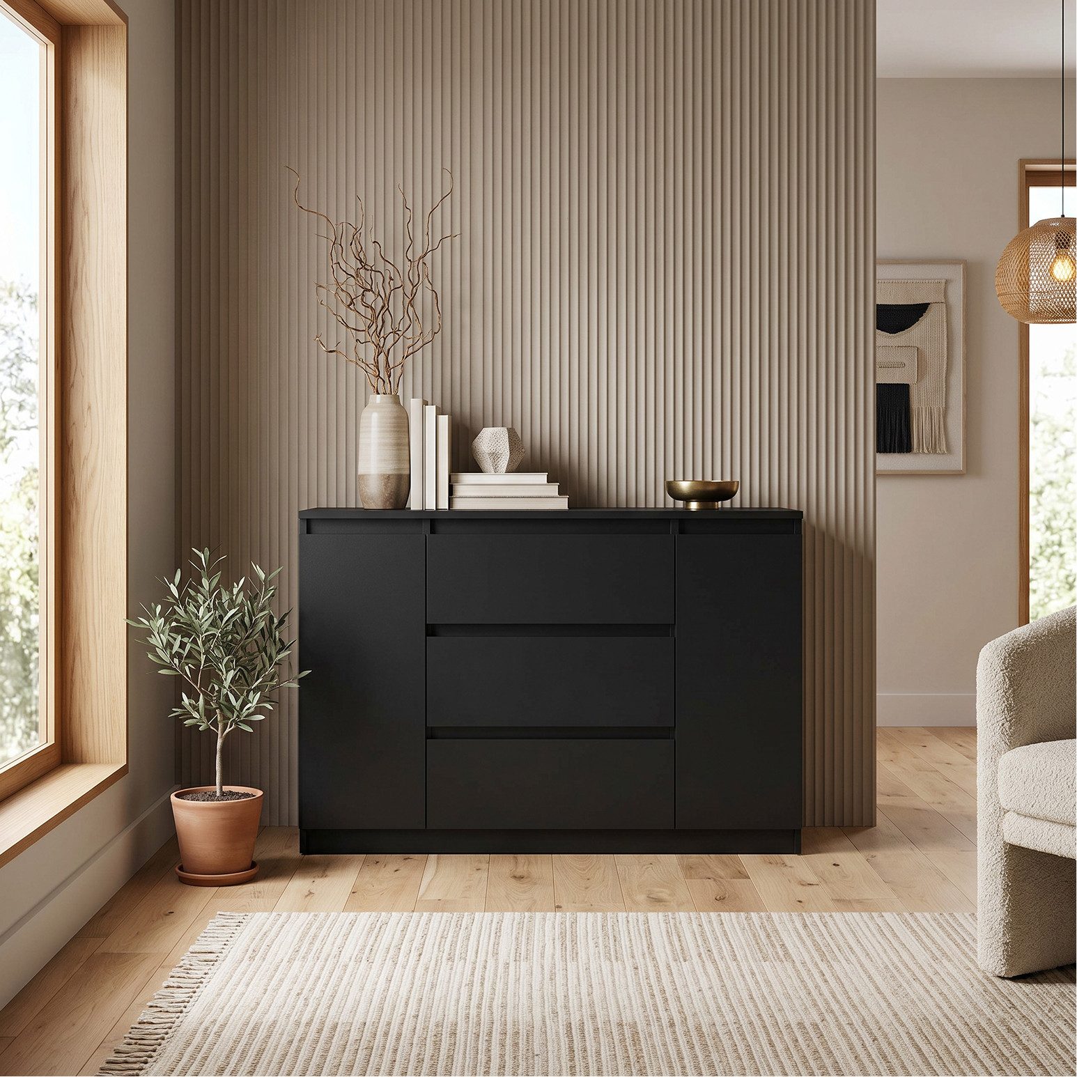 Masseno Kommode NUDO 120 cm Sideboard mit 3 Schubladen und 2 Türen Schwarz – Bild 4 von 5