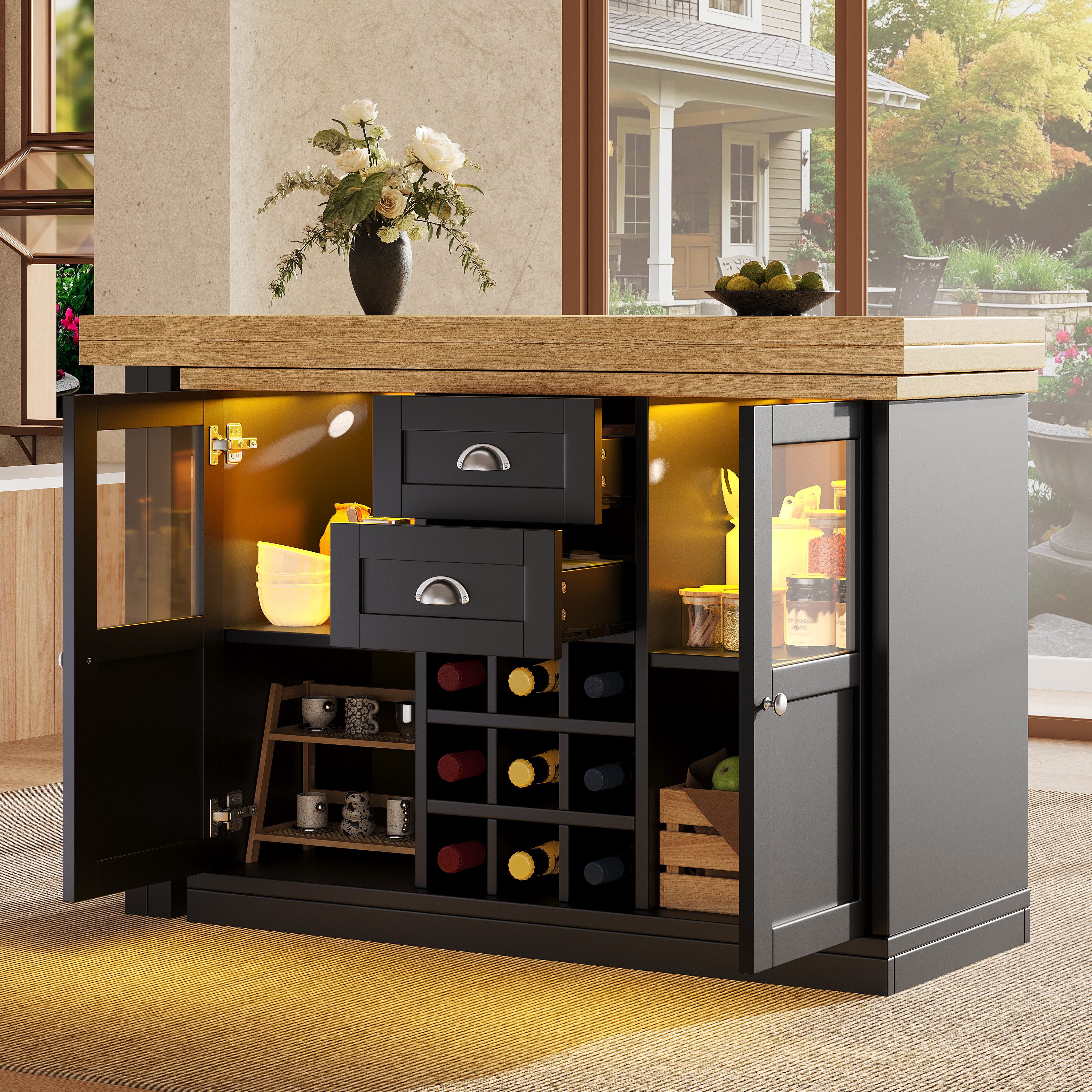 MODFU Bartisch für Küche und Wohnbereich (mit 3-farbiger LED-Beleuchtung, 120-197cm, 360° drehbar, mit Stauraum & Weinregal, Weiß/Schwarz., 1-St., 120-197*40*72cm(L x B x H), mit Stauraum