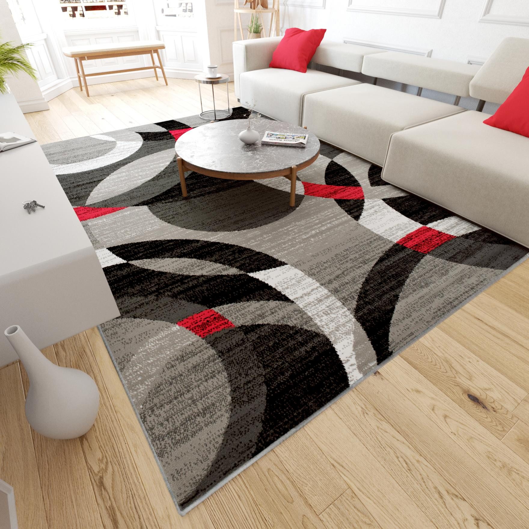 Mazovia Orientteppich Modern Geometrisch Rot Anthrazit Wohnzimmer, Schlafzimmer, Büro, Fußbodenheizung – Bild 4 von 5