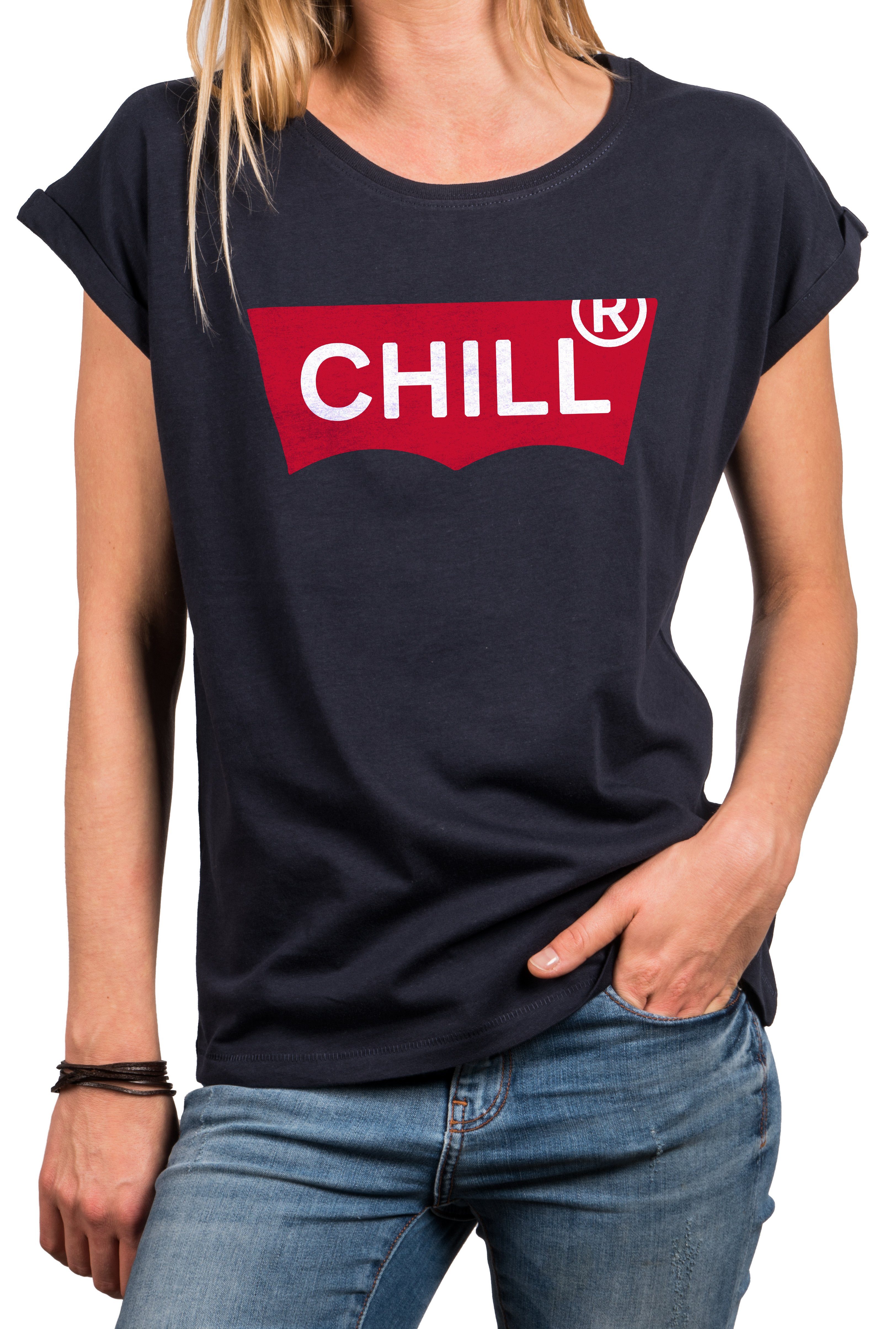 MAKAYA Print-Shirt Damen Kurzarm Sommer Top Aufdruck Chill Motiv Modern Oversize Tunika Große Größen