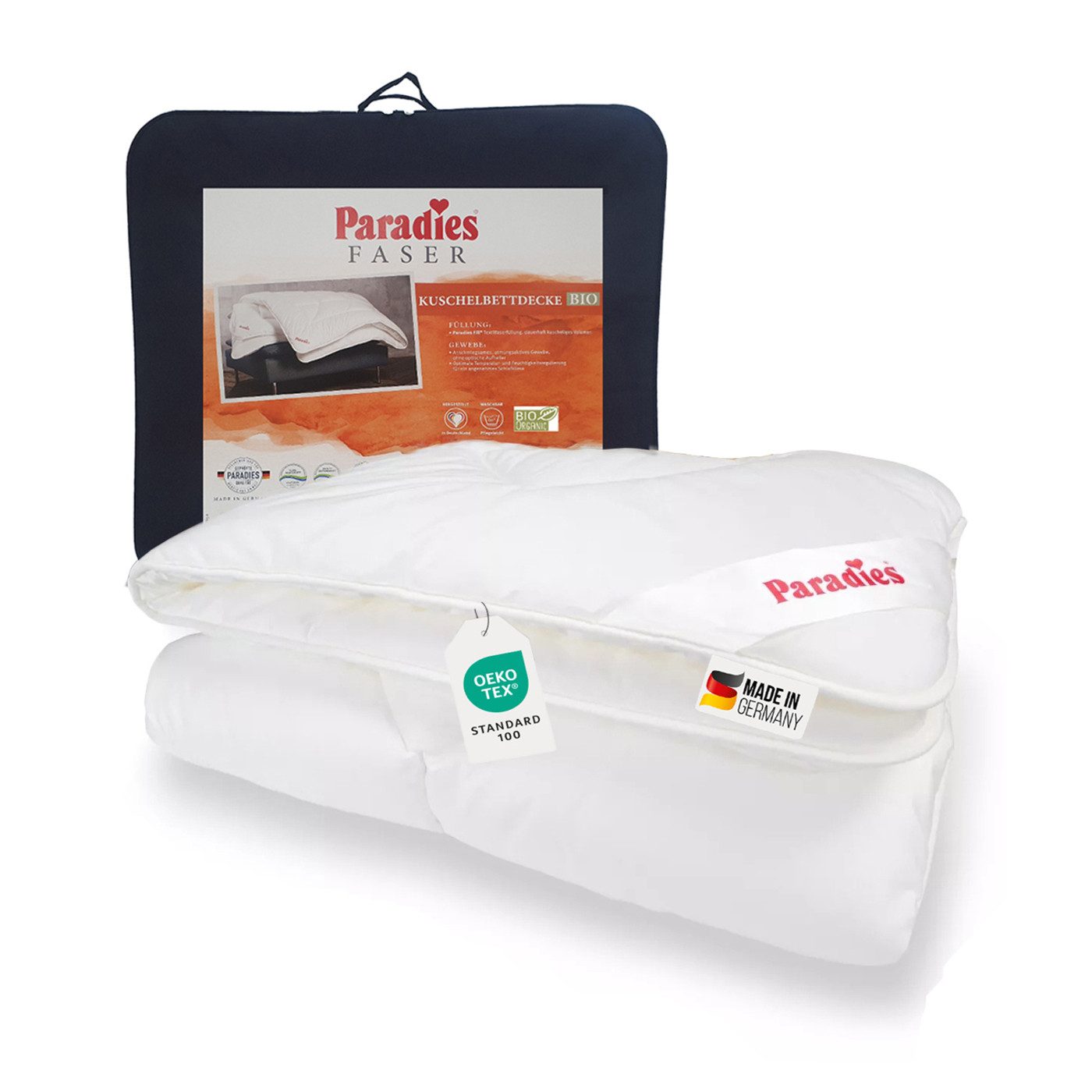 Paradies Kunstfaserbettdecke Paradies Royal Satin Bio 4 Jahreszeiten Bettdecke medium warm 135x200, Füllung: Paradies Fill Fasertechnologie für dauerhaft bauschiges Volumen, davon 50% recycelt, Bezug: 100% Bio Baumwolle, veredelt mit Aloe Vera, Klimaneutrale Herstellung