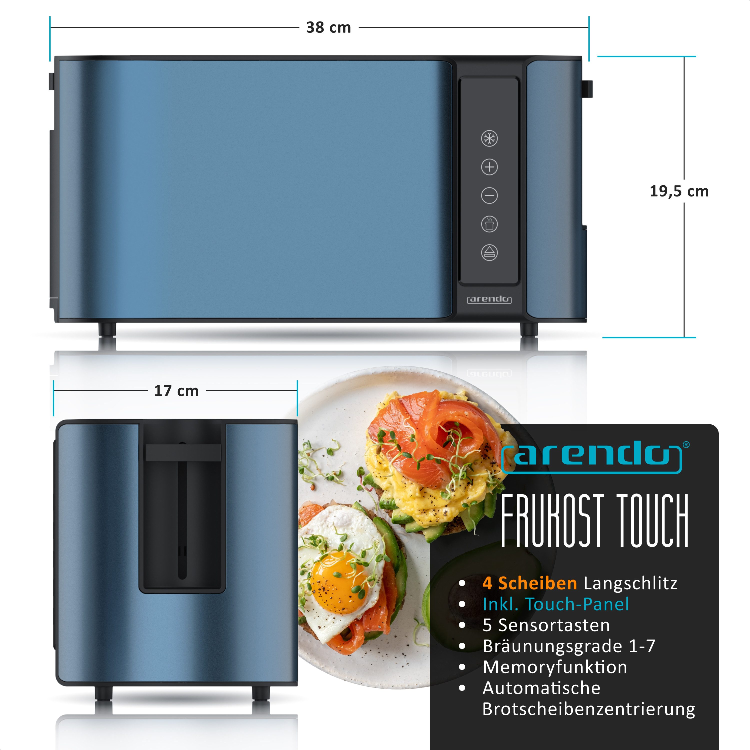 Arendo Toaster 4-Scheiben, Wärmeisoliertes Doppelwandgehäuse, Display Restzeitanzeige, 2 lange Schlitze, für 4 Scheiben, 1500 W, Langschlitz, Brötchenaufsatz, Brotscheibenzentrierung, Touchpanel