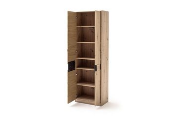 möbelando Drehtürenschrank Argos Moderner Garderobenschrank in Balkeneiche Nachbildung, Korpus aus melaminbeschichteter Spanplatte, Front aus MDF tiefgezogen, Absetzungen in Cosmos Grey mit 2 Holztüren, 2 Konstruktionsböden, 3 Einlegeböden und 1 Kleiderstange. Breite 66 cm, Höhe 201 cm, Tiefe 38 cm