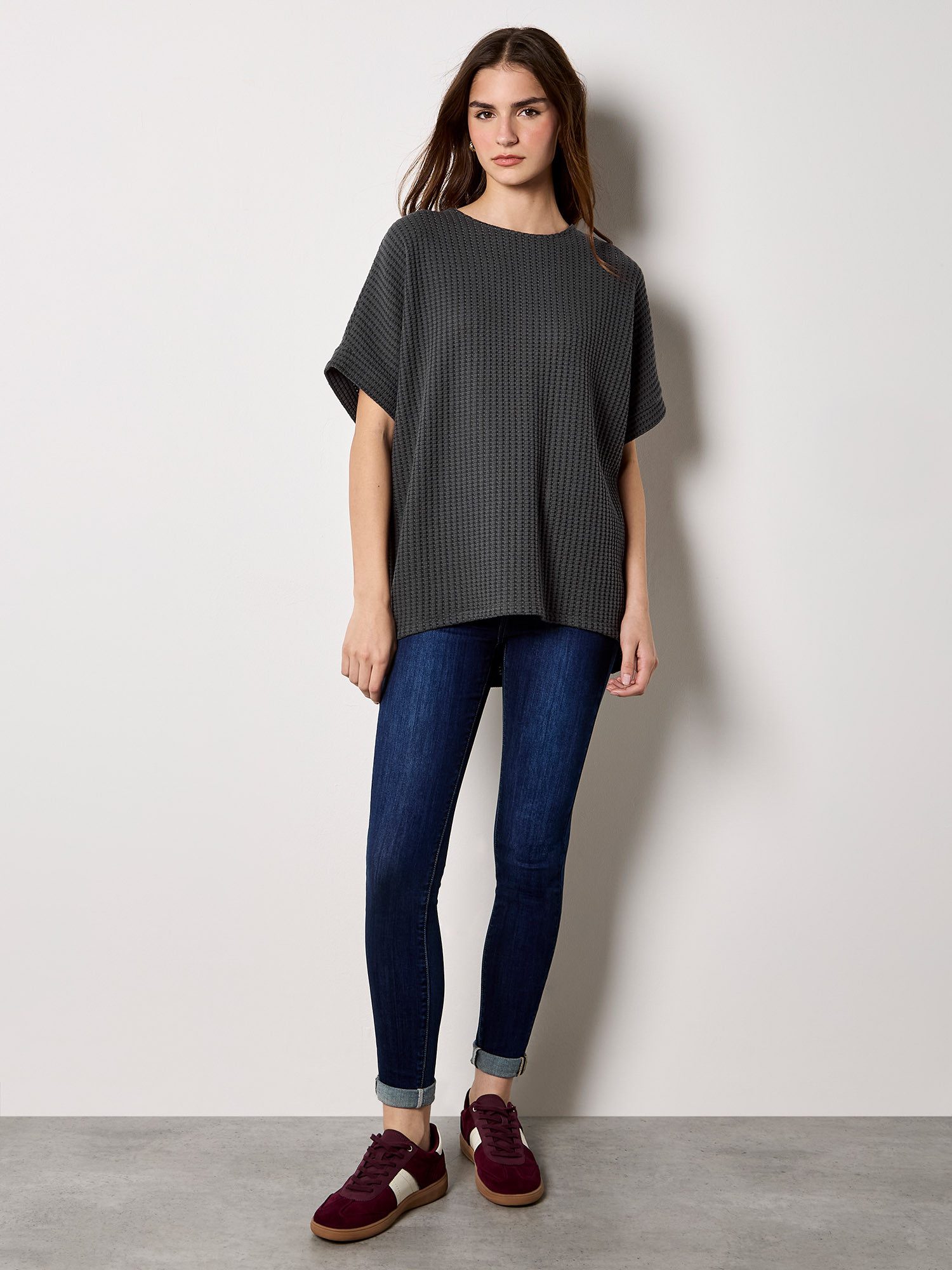 Apricot Fledermausshirt Waffelstrick-Top mit Fledermausärmeln