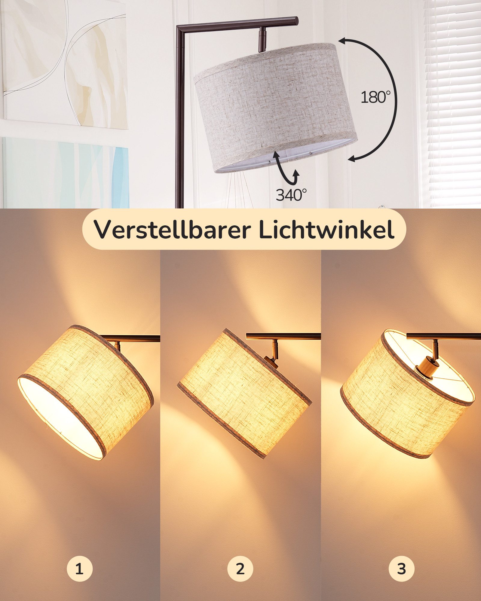 EDISHINE Stehlampe Wohnzimmer 160cm, Lampenschirm verstellbar, LED wechselbar, warmweiß, mit Lampenschirm aus Leinen