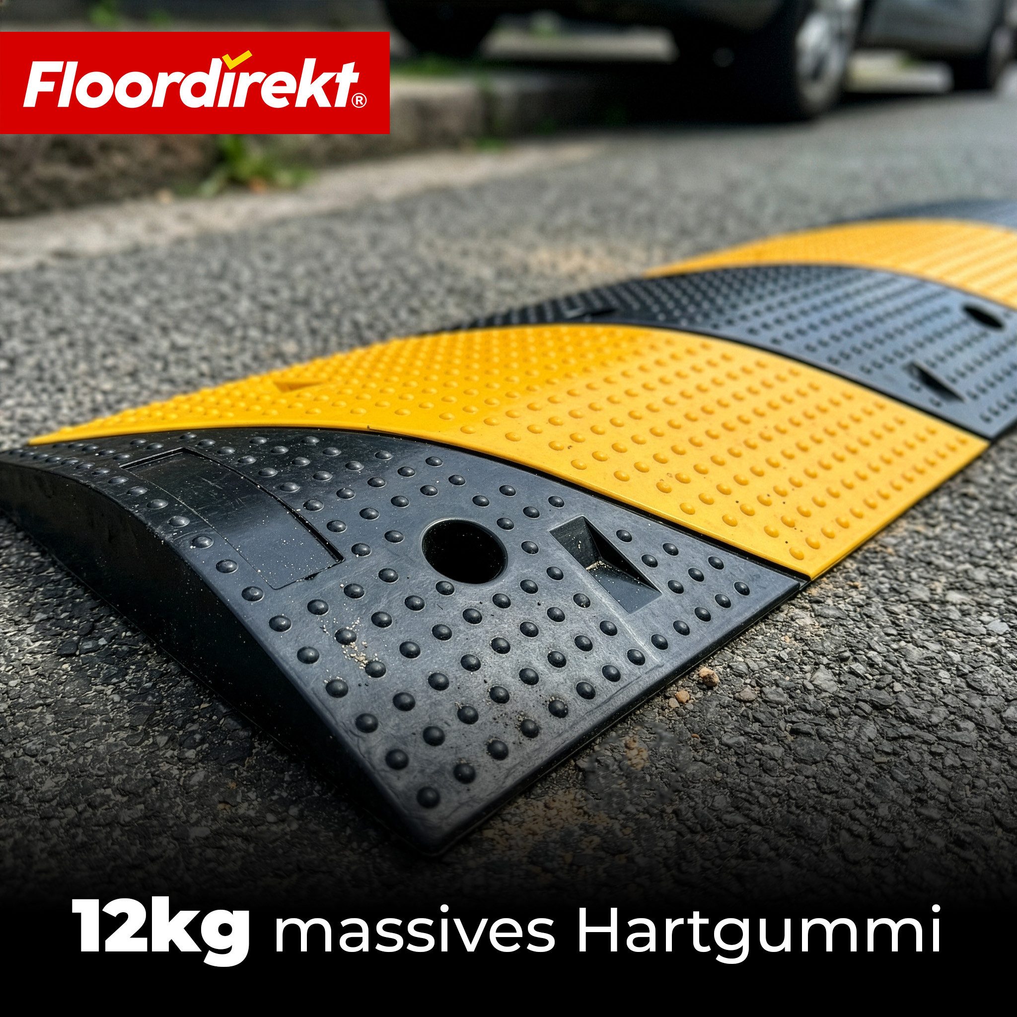 Floordirekt Parkschwelle Pico Bodenschwelle, Fahrbahnschwelle aus Gummi 100x30 cm bis 30 Tonnen, (1-St), Bremsschwelle Einfahrt Parkplatz gelb-schwarz rutschhemmend