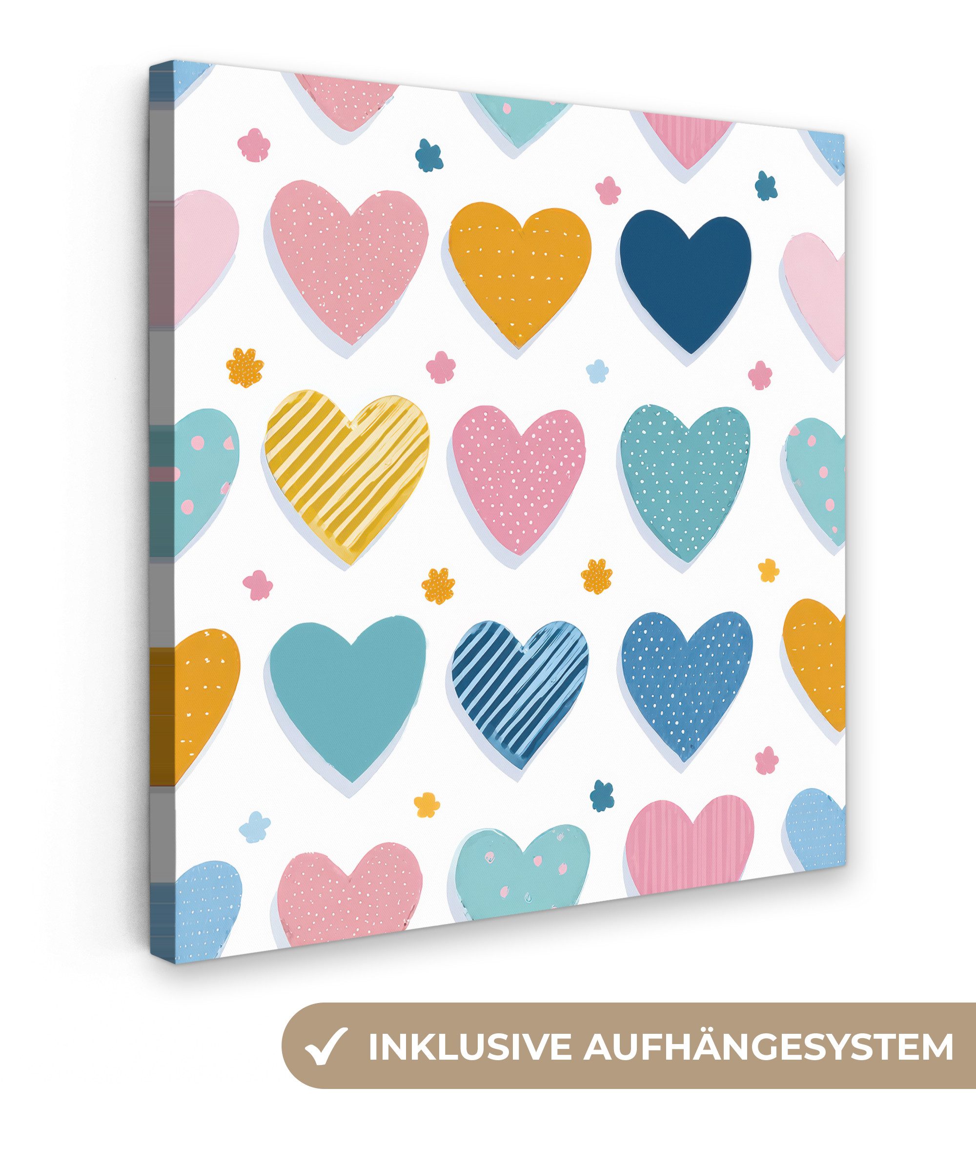 OneMillionCanvasses® Leinwandbild Herzen - Pastell - Farbkontrast - Handgezeichnet, Fotodruck (1 St), Wandbild, Deko Schlafzimmer Wohnzimmer Flur 20x20 cm