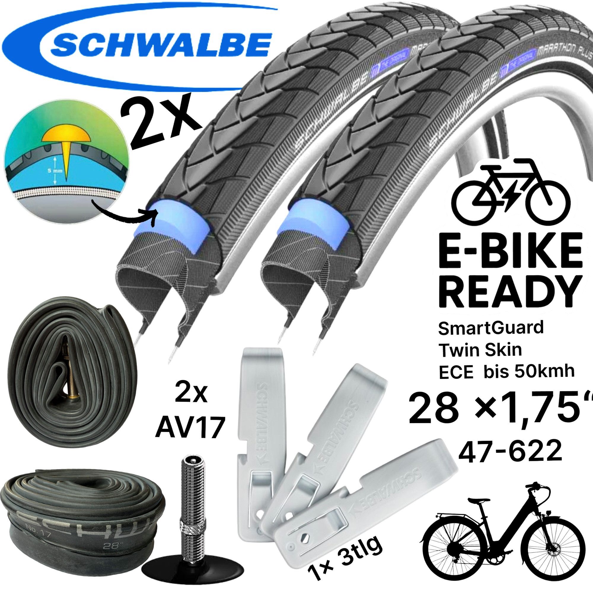 Fahrradschlauch 2x Schwalbe Marathon Plus 28x 1,75 Reifen, Reifenheber Schläuche AV 17