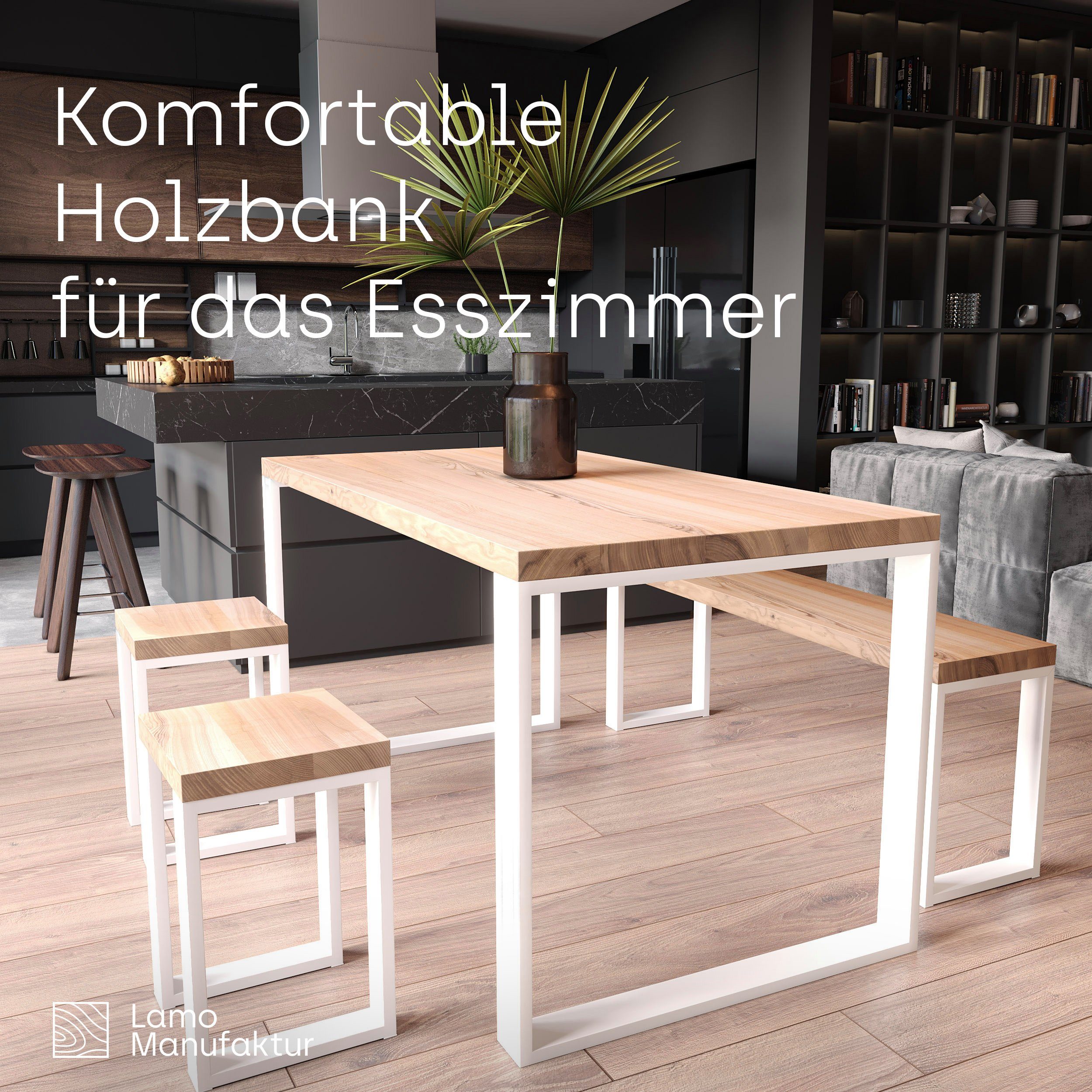 Natur Massivholzplatte Essbank stake 3-Teilig), LAMO Weiss 40mm Sitzbank (Komplett-Set, LSB Manufaktur |