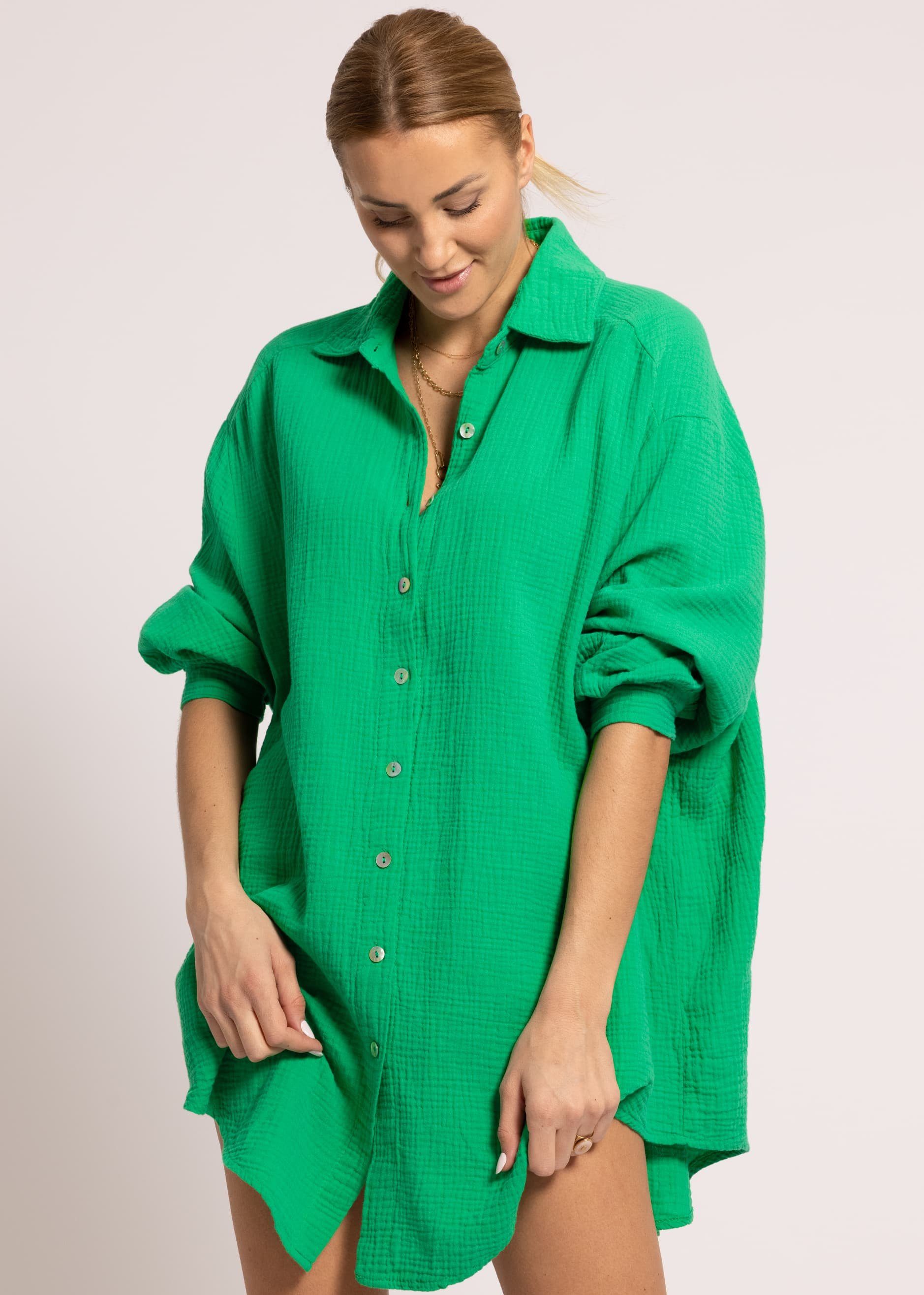SASSYCLASSY Longbluse Oversize Musselin Bluse Damen Langarm Hemdbluse lang aus Baumwolle mit V-Ausschnitt, One Size (Gr. 36-48) Frühlingsgrün