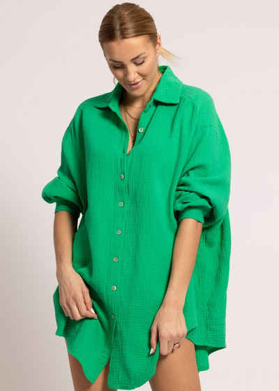 SASSYCLASSY Longbluse Oversize Musselin Bluse Damen Langarm Hemdbluse lang aus Baumwolle mit V-Ausschnitt, One Size (Gr. 36-48)