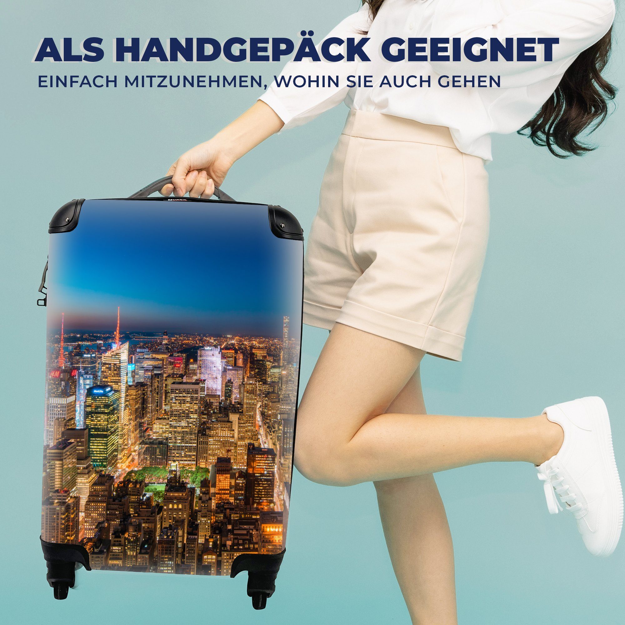 MuchoWow Handgepäckkoffer New York - Ferien, Farben Reisekoffer - Rollen, Reisetasche Nacht, rollen, mit Handgepäck Trolley, 4 für