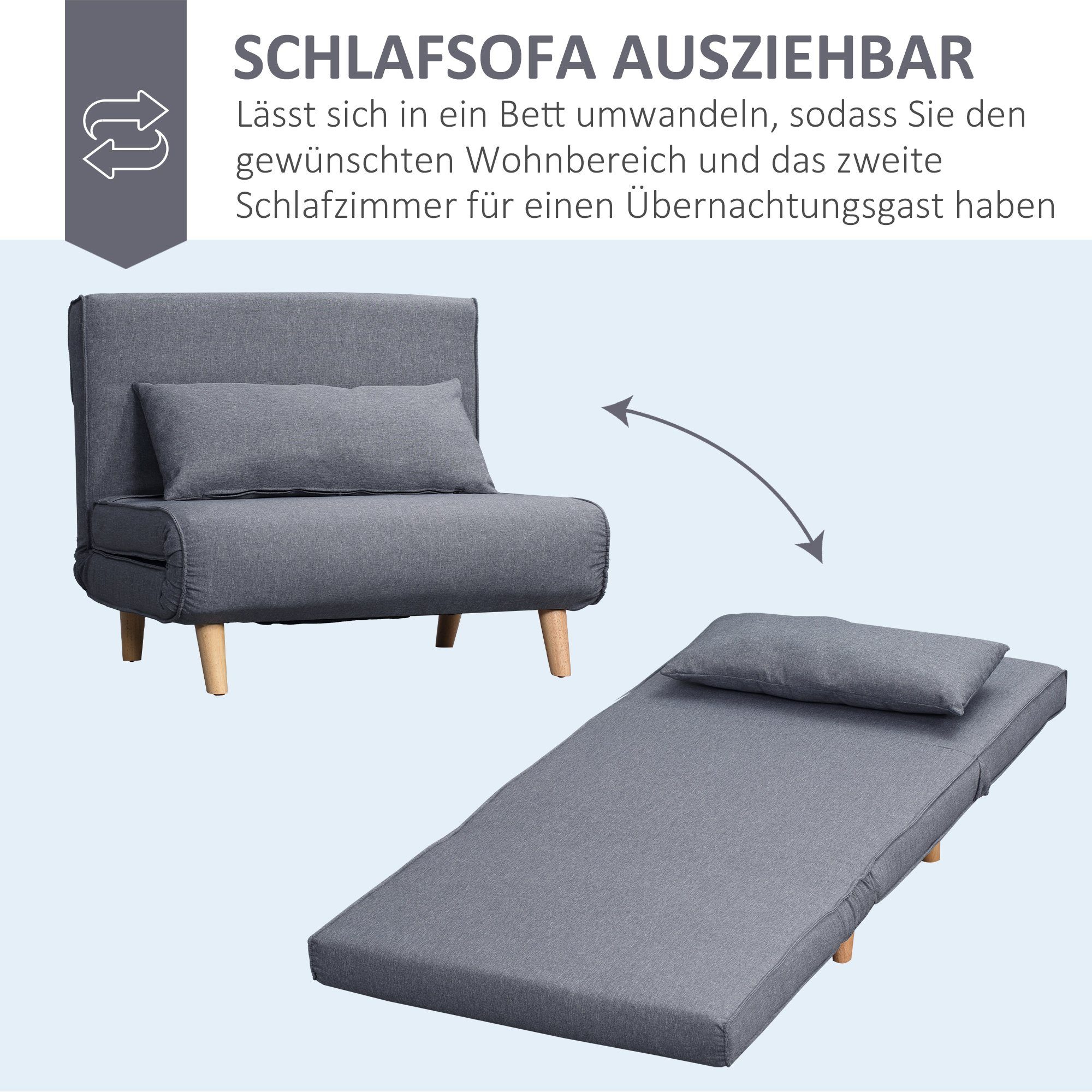 Liege, 1 Grau, x Tannenholz, Grau Rückenlehne (2-Sitzer mit Sessel | Grau 94 80 1-St., | Einzelschlafsofa), cm x x Bettfunktion Leinenimitat Grau 78 HOMCOM Sofa,