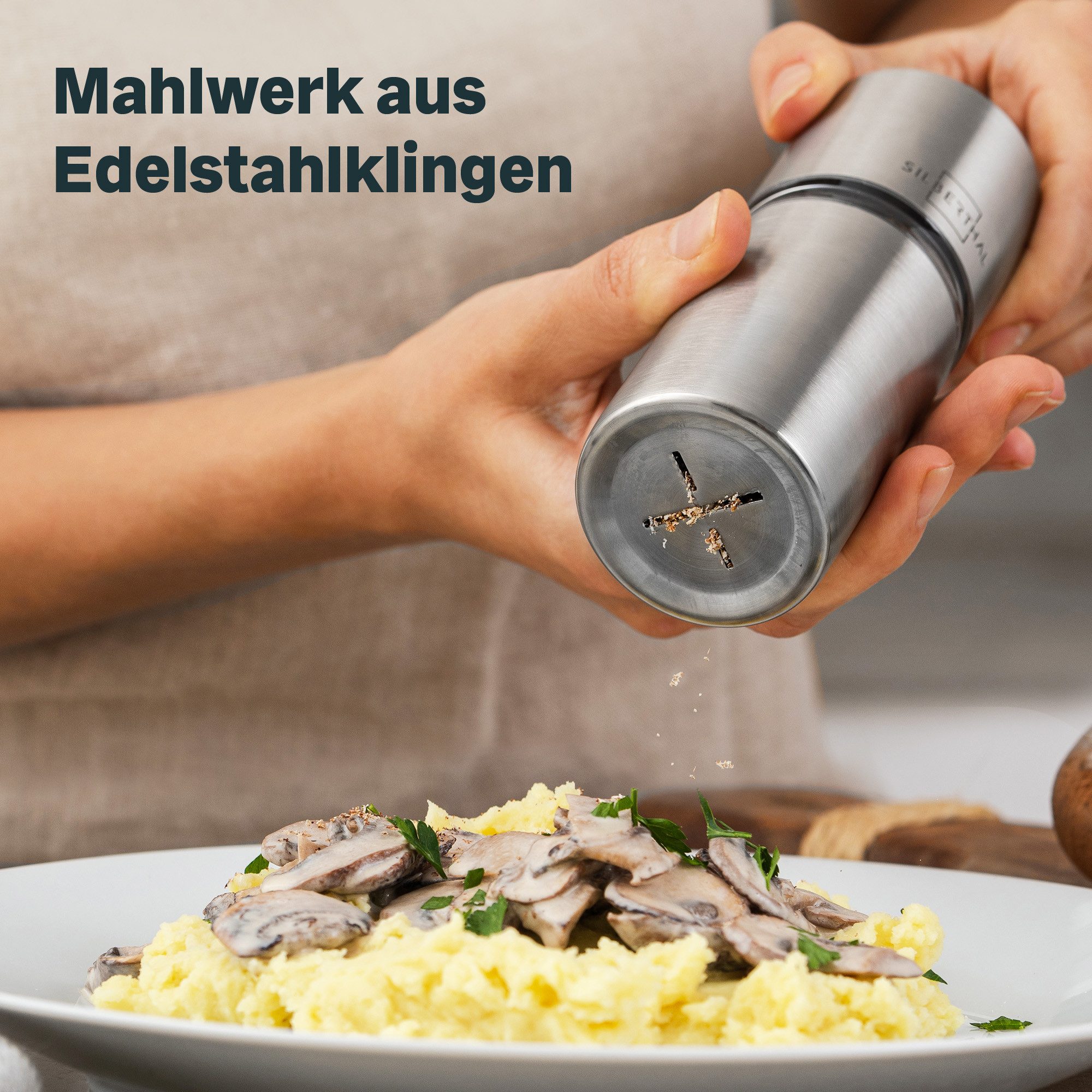 SILBERTHAL Muskatmühle manuell, Edelstahl, inklusive Behälter für bis zu 4 Nüsse