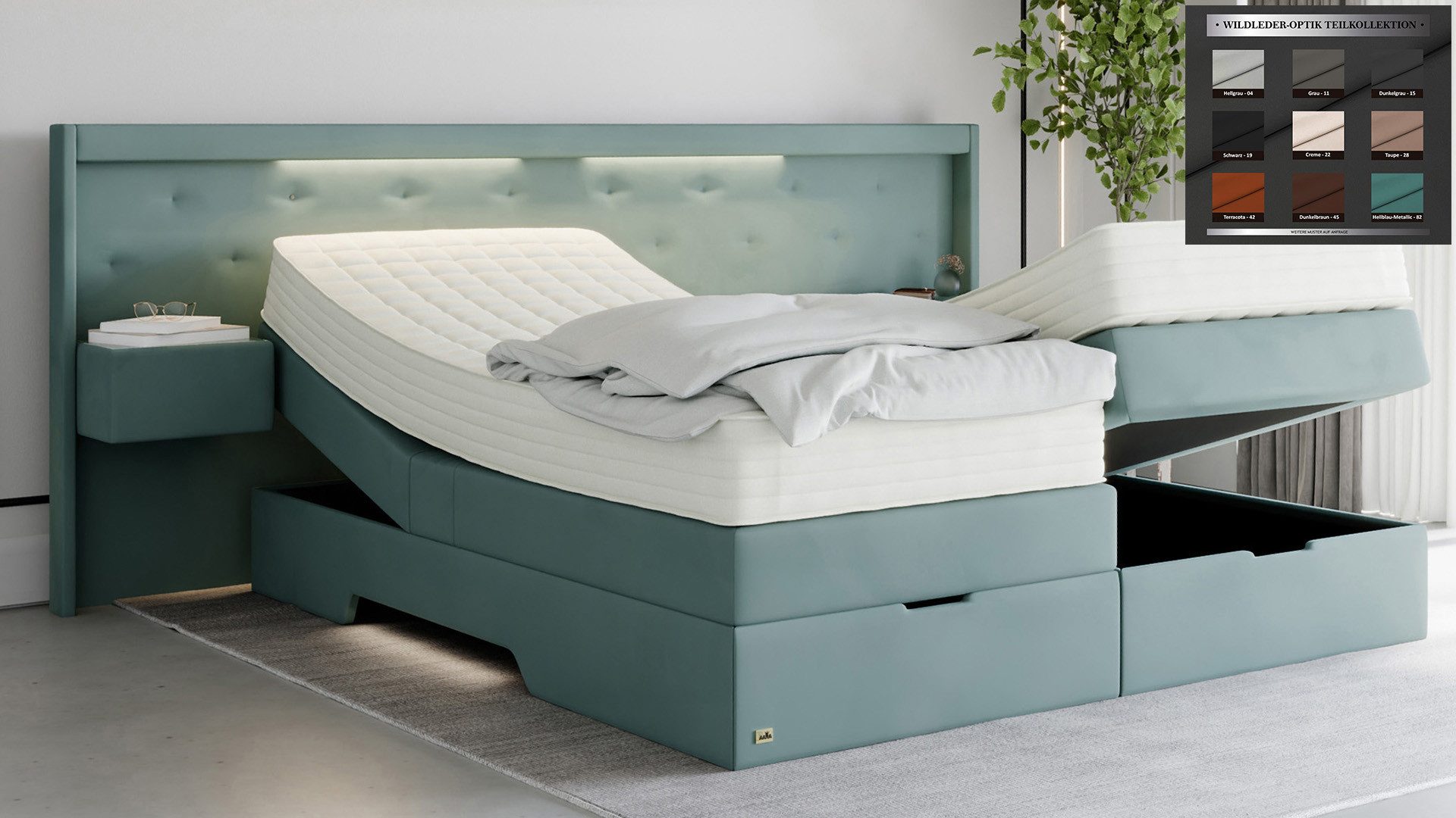 PAARA Boxspringbett mit Nachttischen, Bettkasten, LED, Kopfteil verstellbar Model Paris, Deutschland