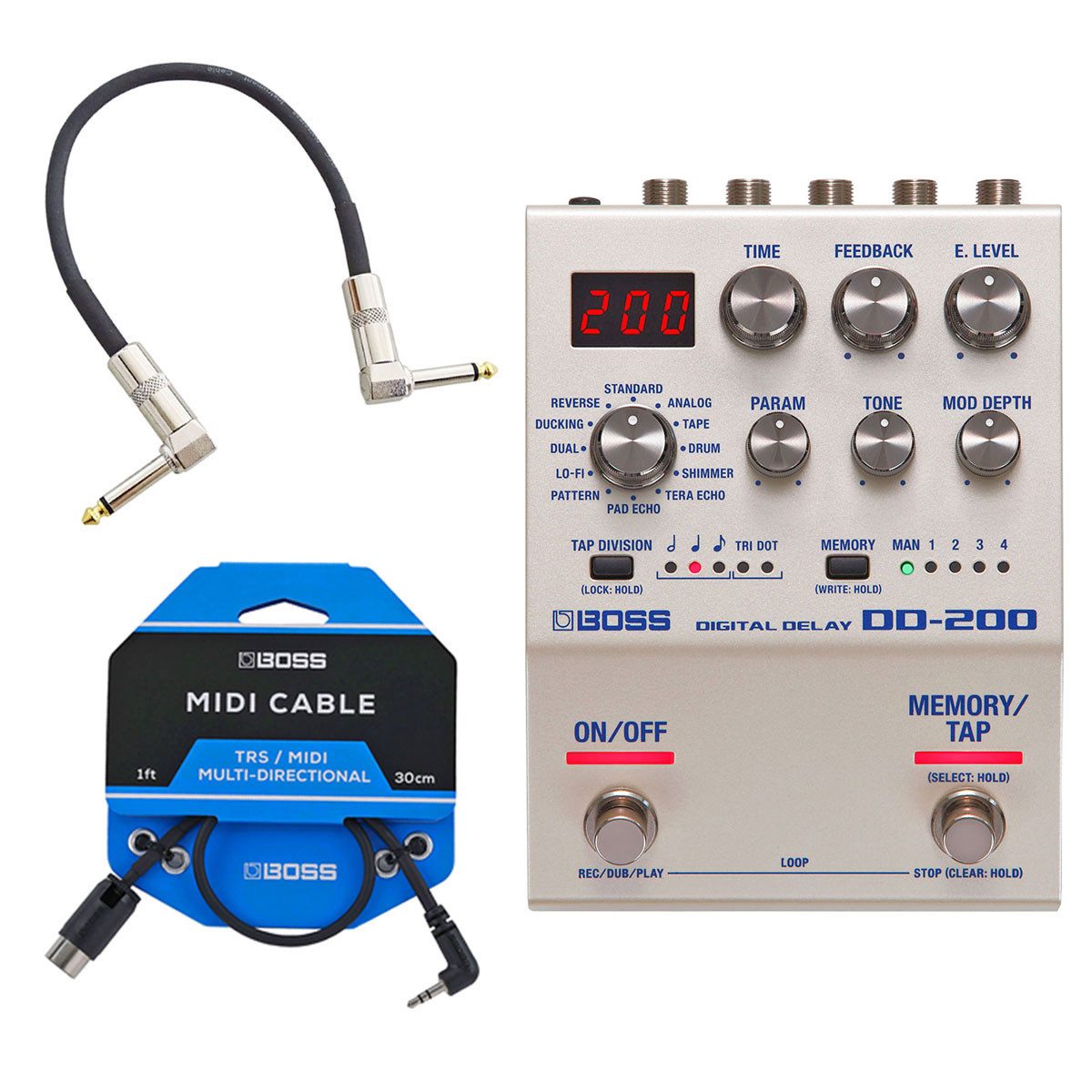 E-Gitarre Boss DD-200 Digital Delay mit BMIDI-1-35 mitPatchkabel