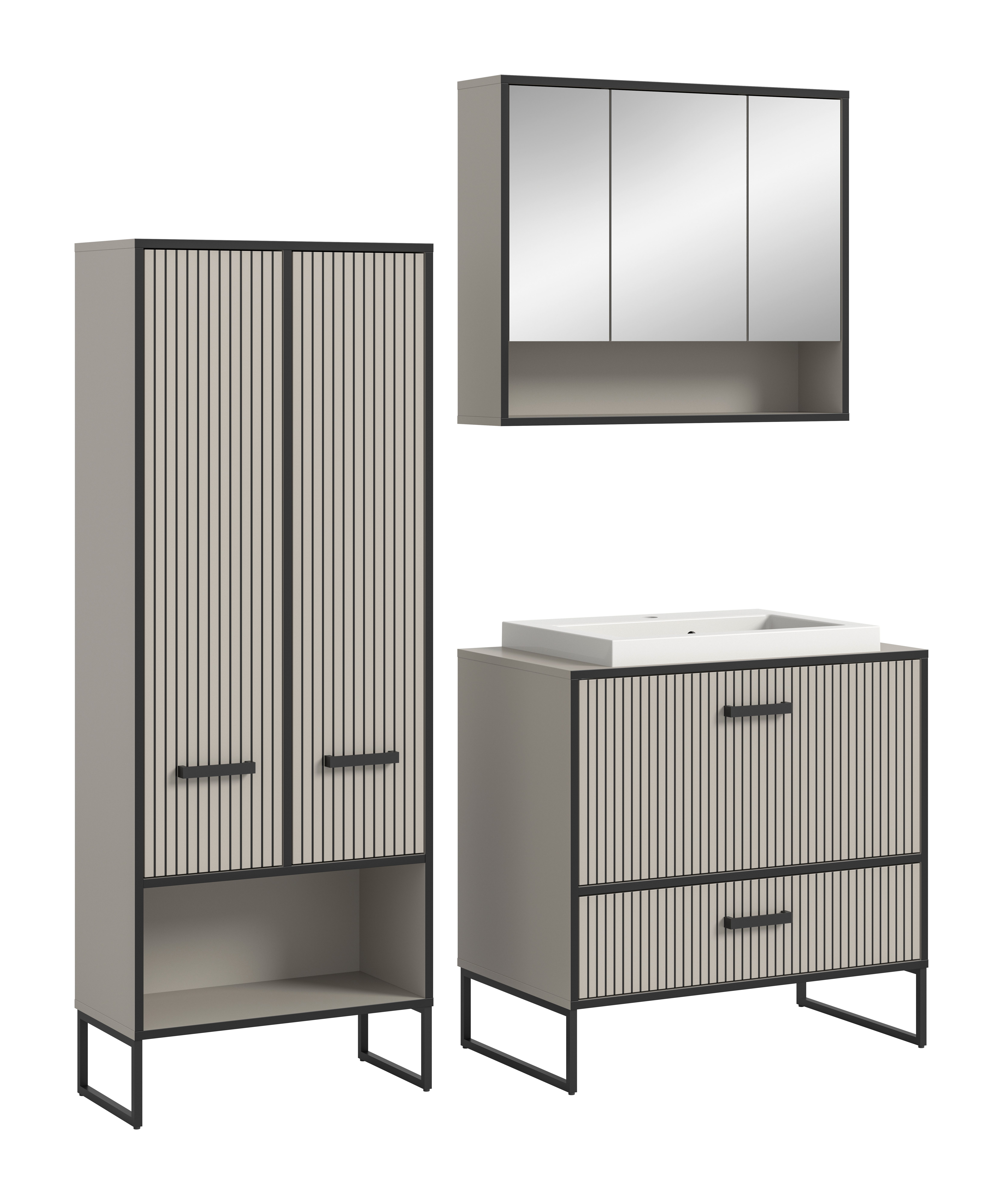 welltime Badmöbel-Set Locri, Breite 154 cm, Rillenoptik, Metallkufen, (3-St), best. aus: Hochschrank, Spiegelschrank, Waschtisch