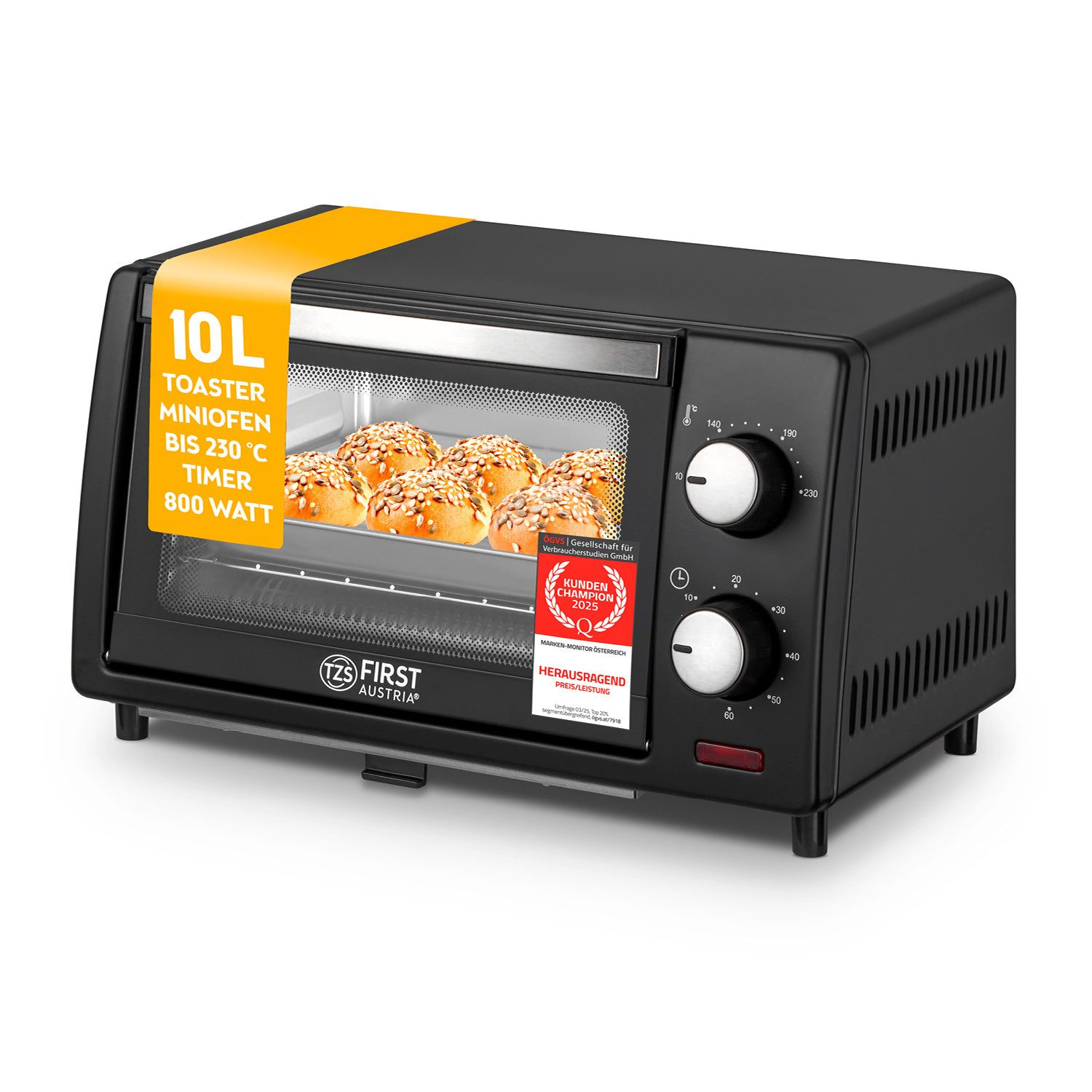 TZS FIRST AUSTRIA Minibackofen 10L Mini Backofen, 800W, bis 230 Grad, stufenlose Temperaturregelung, 60 Minuten Timer, 2 Einschubhöhen, Doppelglastür, Mini Ofen