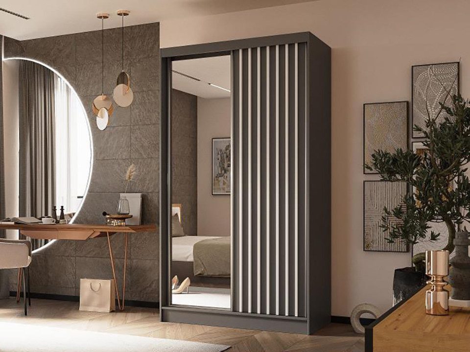 Beautysofa Kleiderschrank Helix Schwebetürenschrank mit Lamellen (Kleiderschrank mit Spiegel, Schrank mit Kleiderstange und vielen Einlegeböden) moderner Garderobenschrank fürs Schlafzimmer