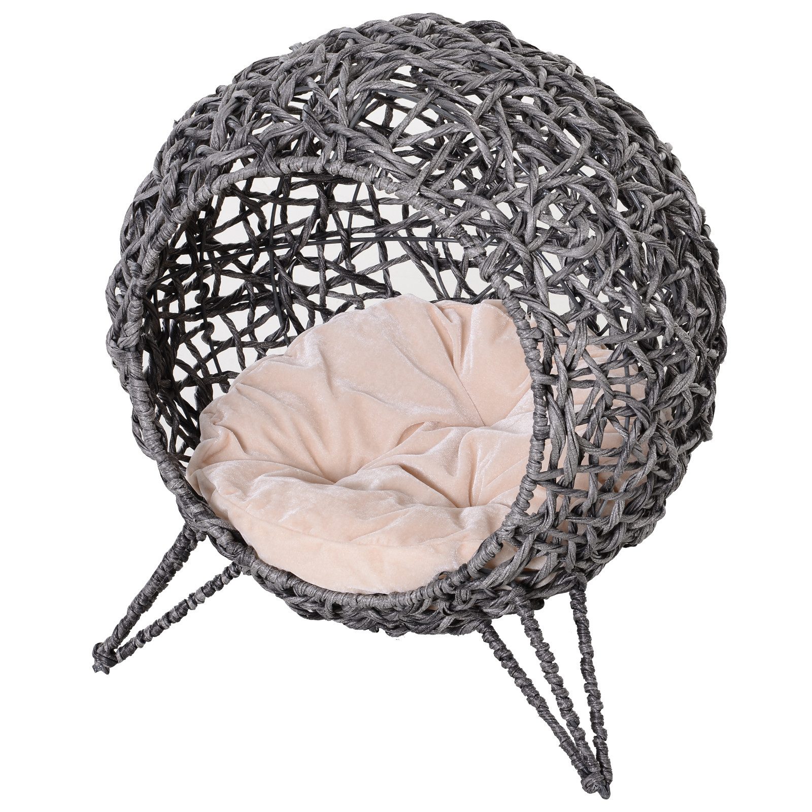 PawHut Tierhaus Katzenhöhle aus PE-Rattan mit Kissen, erhöhten Füßen PE-Rattan, für Katzen, Silbergrau