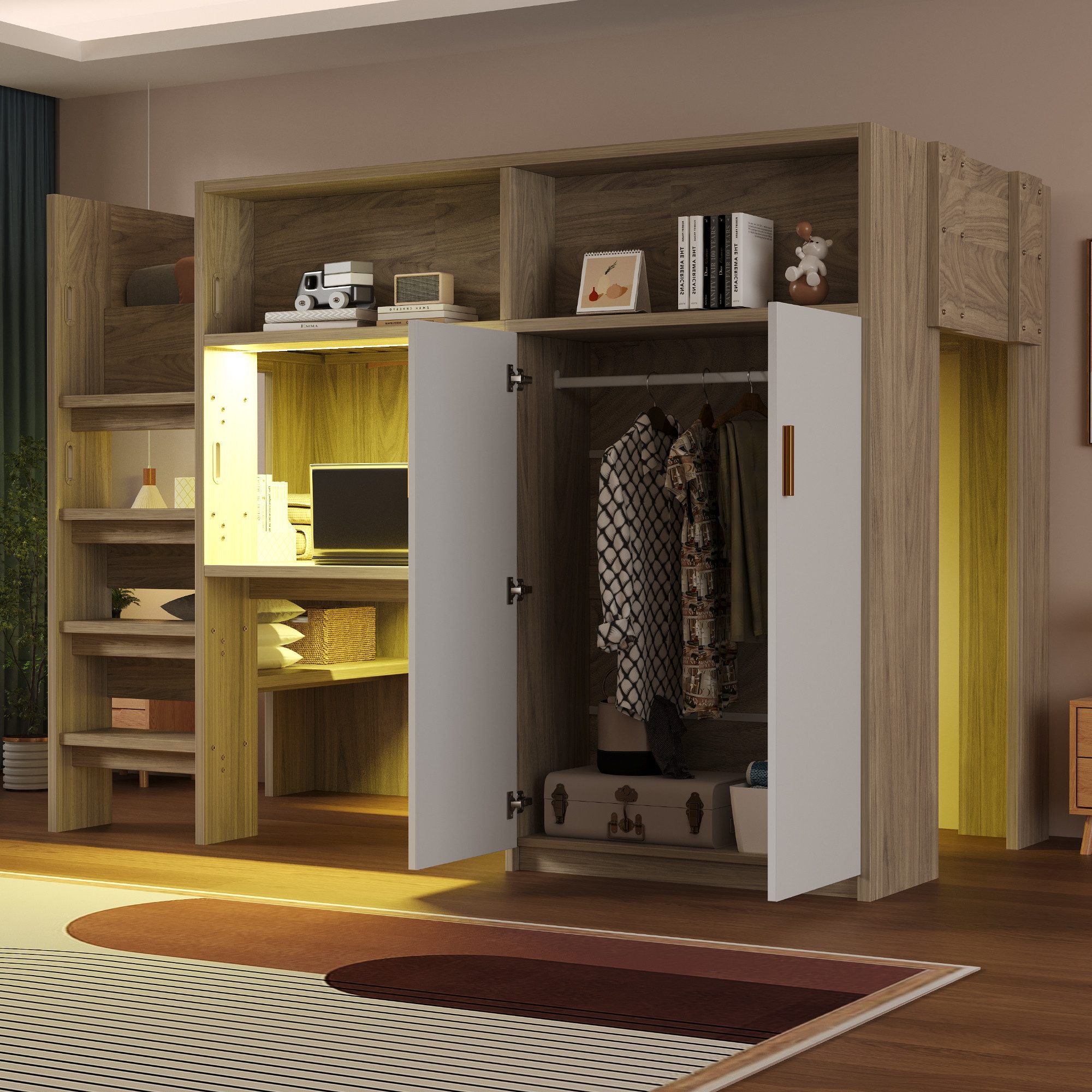 REDOM Hochbett mit Schreibtisch, Kleiderschrank und LED-Beleuchtung (mit integriertem Schreibtisch, Kleiderschrank & LED-Licht, 90x200 cm) Inklusive Matratze