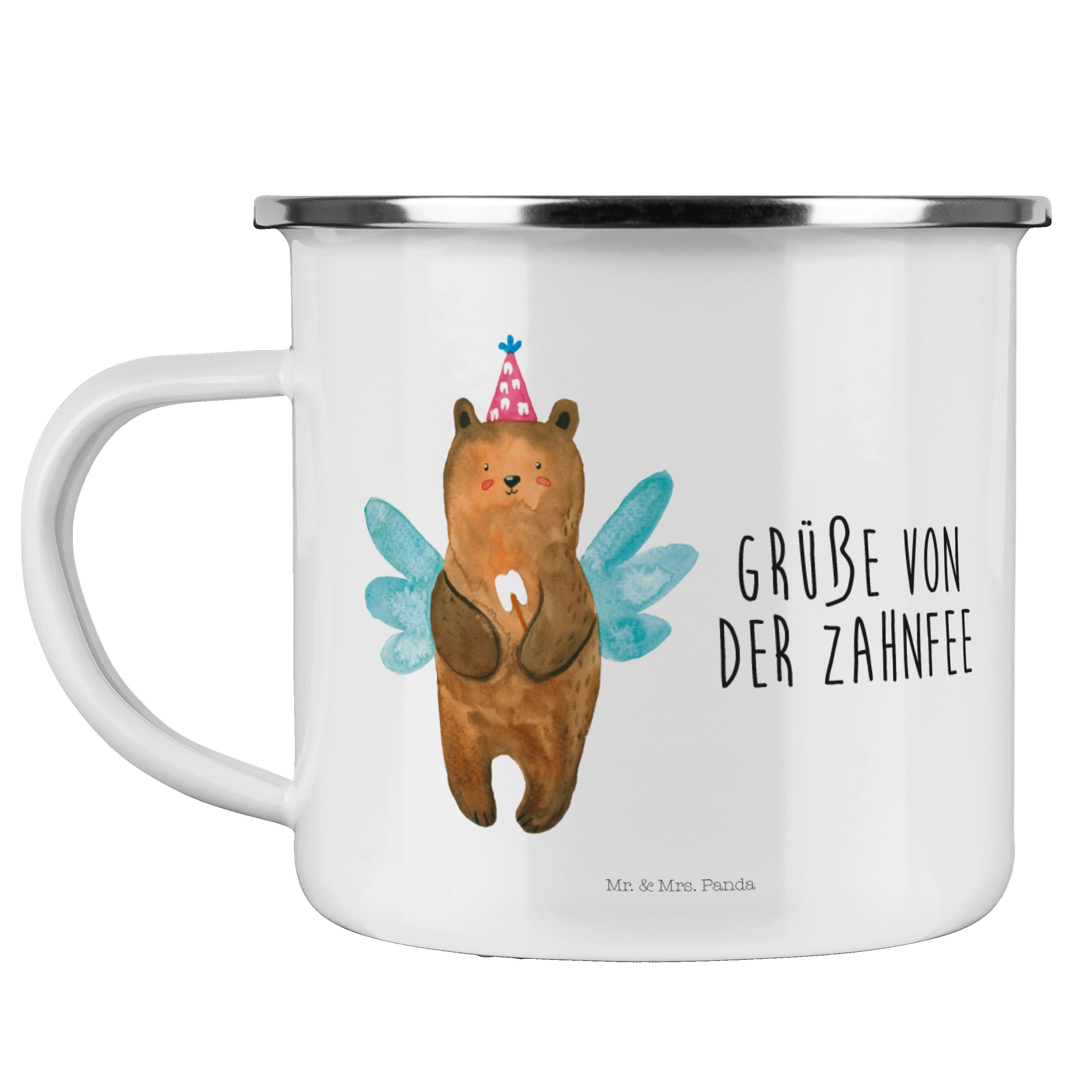 Mr. & Mrs. Panda Becher Zahnfee Bär - Weiß - Geschenk, Emaille Campingbecher, Erster Zahn, Te, Emaille