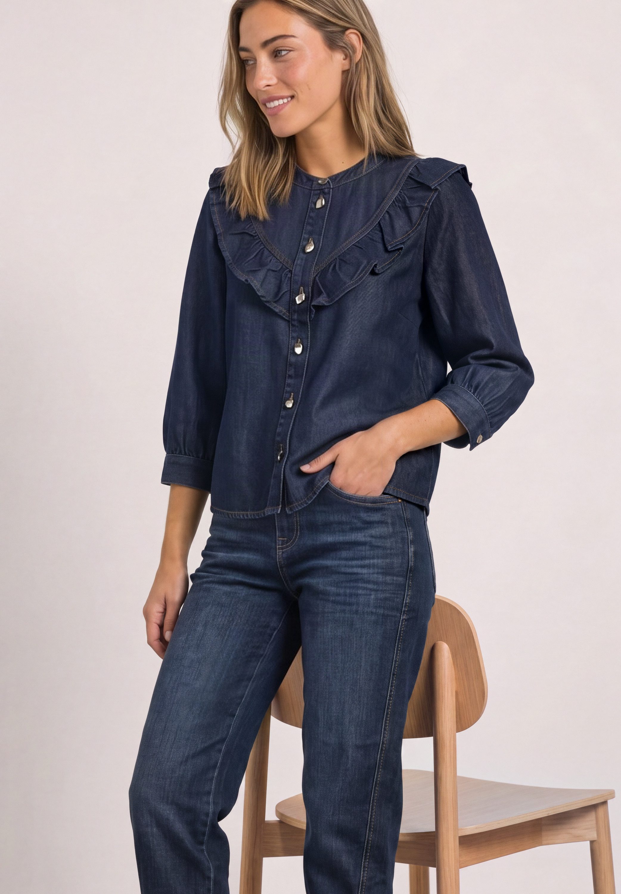 STREET ONE Jeansbluse 3/4-Arm mit Rüschen-Details