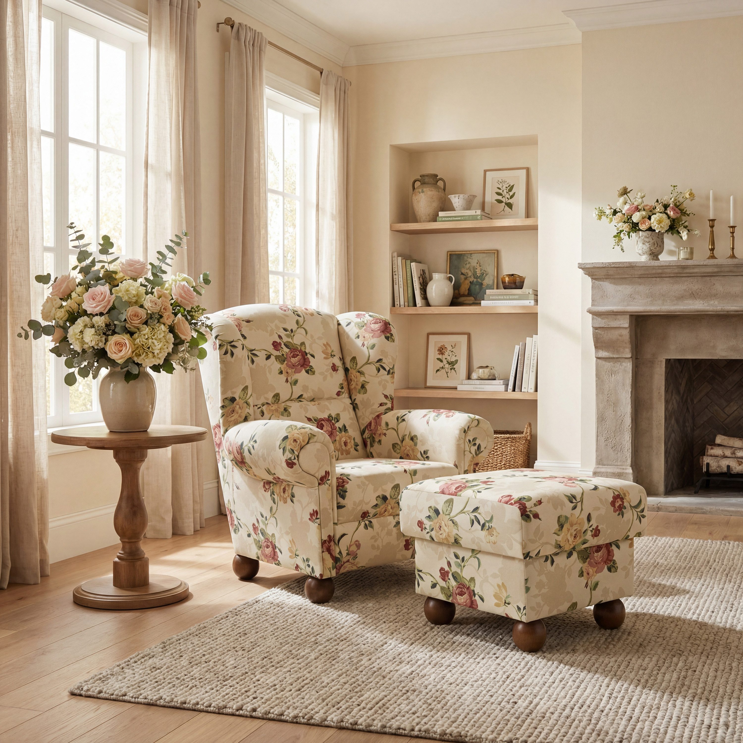 Max Winzer® Ohrensessel Monarch (mit Hocker), im Landhausstil geblümt, Kugelfüße aus massiver Buche zur einfachen Selbstmontage